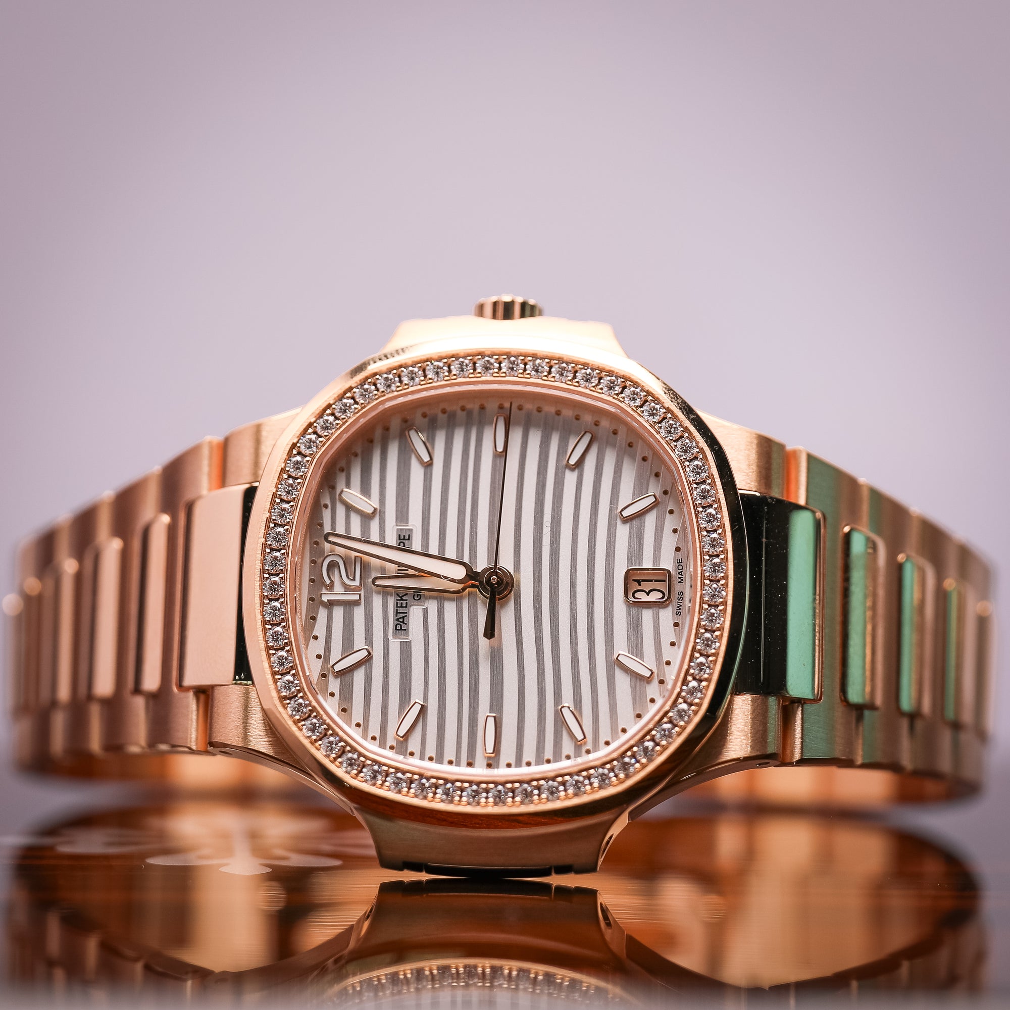 Patek Philippe Nautilus 35.2 mm Silver Dial with Diamonds 18K Rose Gold Bracelet 7118/1200R-001 - WATCHXNYC