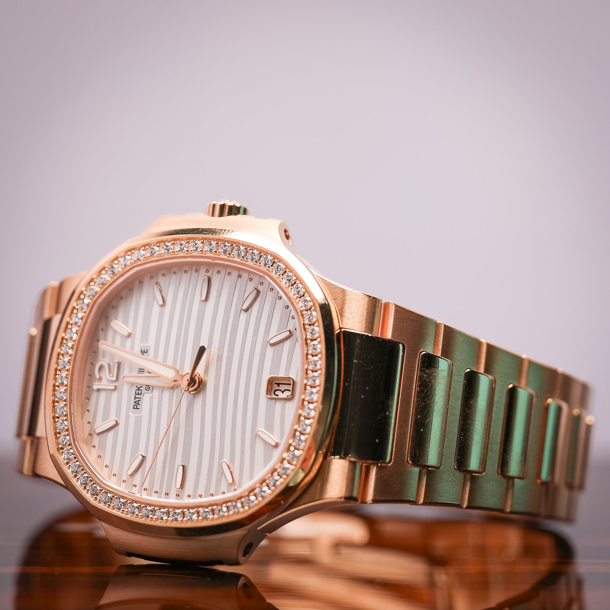 Patek Philippe Nautilus 35.2 mm Silver Dial with Diamonds 18K Rose Gold Bracelet 7118/1200R-001 - WATCHXNYC