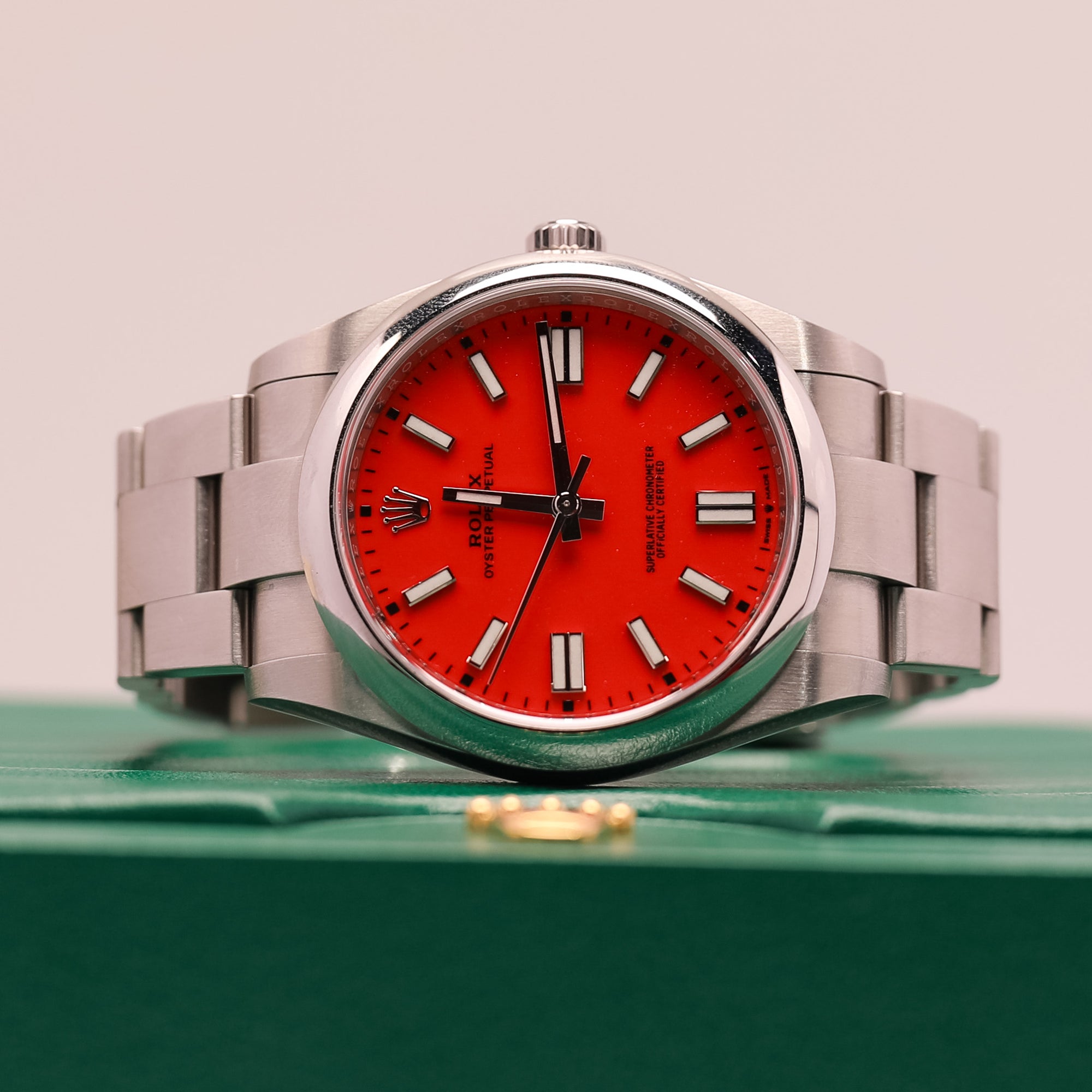 Rolex Oyster Perpetual 41mm Coral Red Dial Oystersteel 124300 - WATCHXNYC