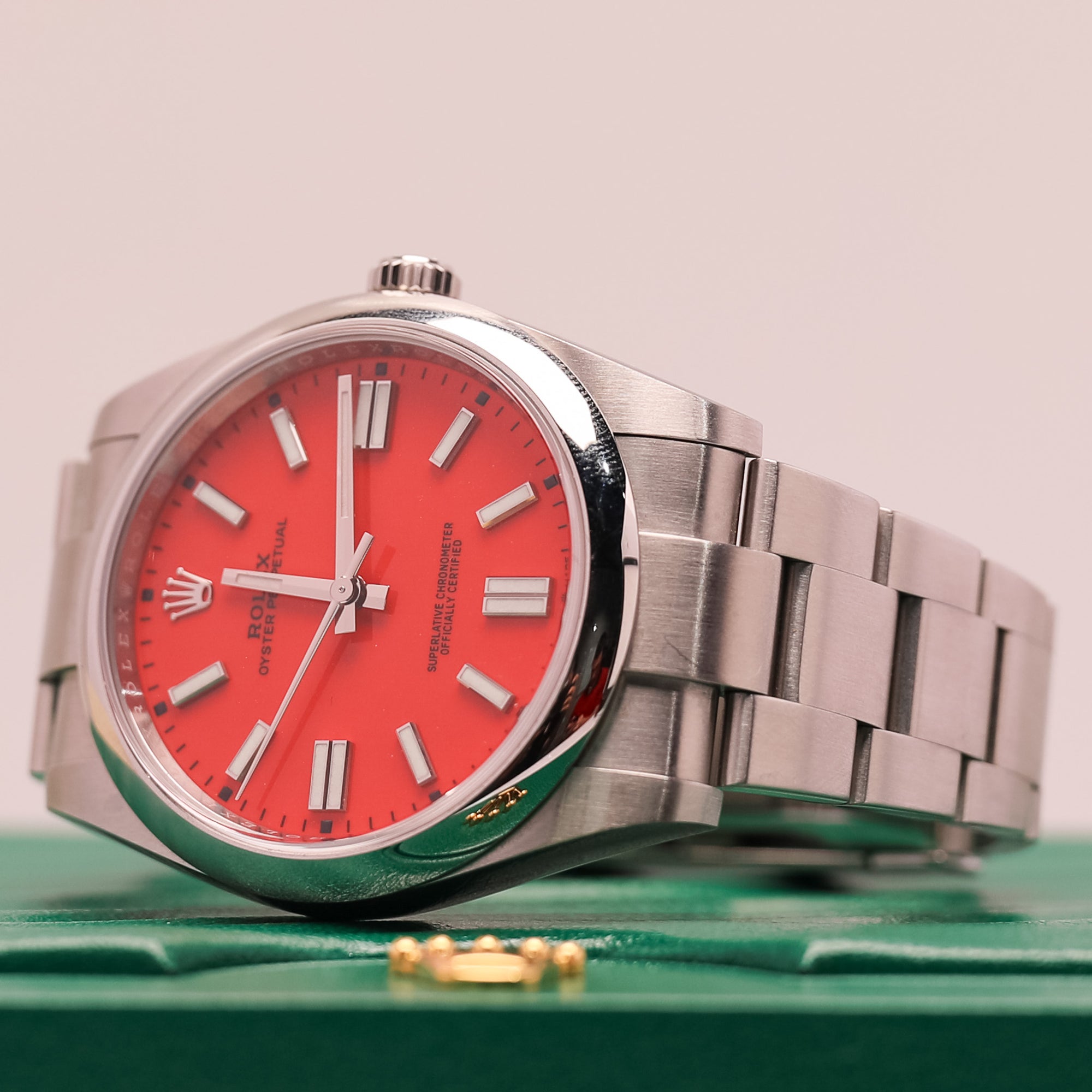 Rolex Oyster Perpetual 41mm Coral Red Dial Oystersteel 124300 - WATCHXNYC
