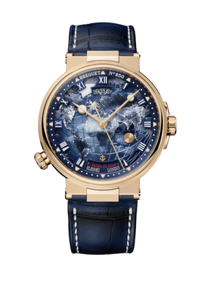 Breguet Marine Hora Mundi 5555 Galvanic Blue Dial 18K Breguet Gold Blue Alligator Leather Strap 43.9 mm 5555BH/YS/9WV