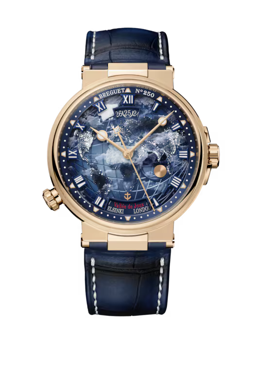 Breguet Marine Hora Mundi 5555 Galvanic Blue Dial 18K Breguet Gold Blue Alligator Leather Strap 43.9 mm 5555BH/YS/9WV