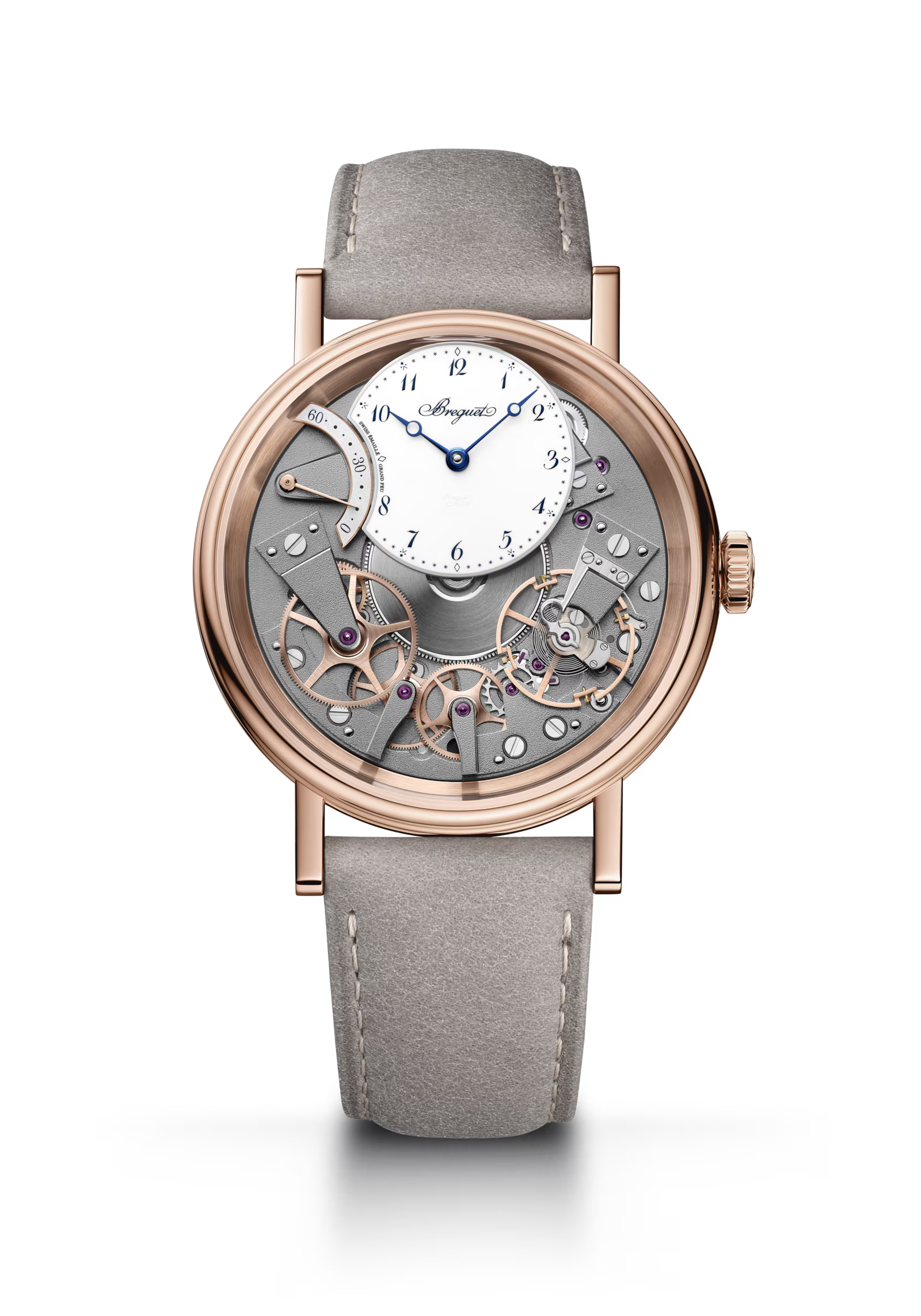 Breguet Tradition Seconde Rétrograde 7097 White Dial 18K Rose Gold Grey Calfskin Strap 40 mm 7097BR/GB/3WU