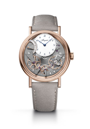 Breguet Tradition Seconde Rétrograde 7097 White Dial 18K Rose Gold Grey Calfskin Strap 40 mm 7097BR/GB/3WU