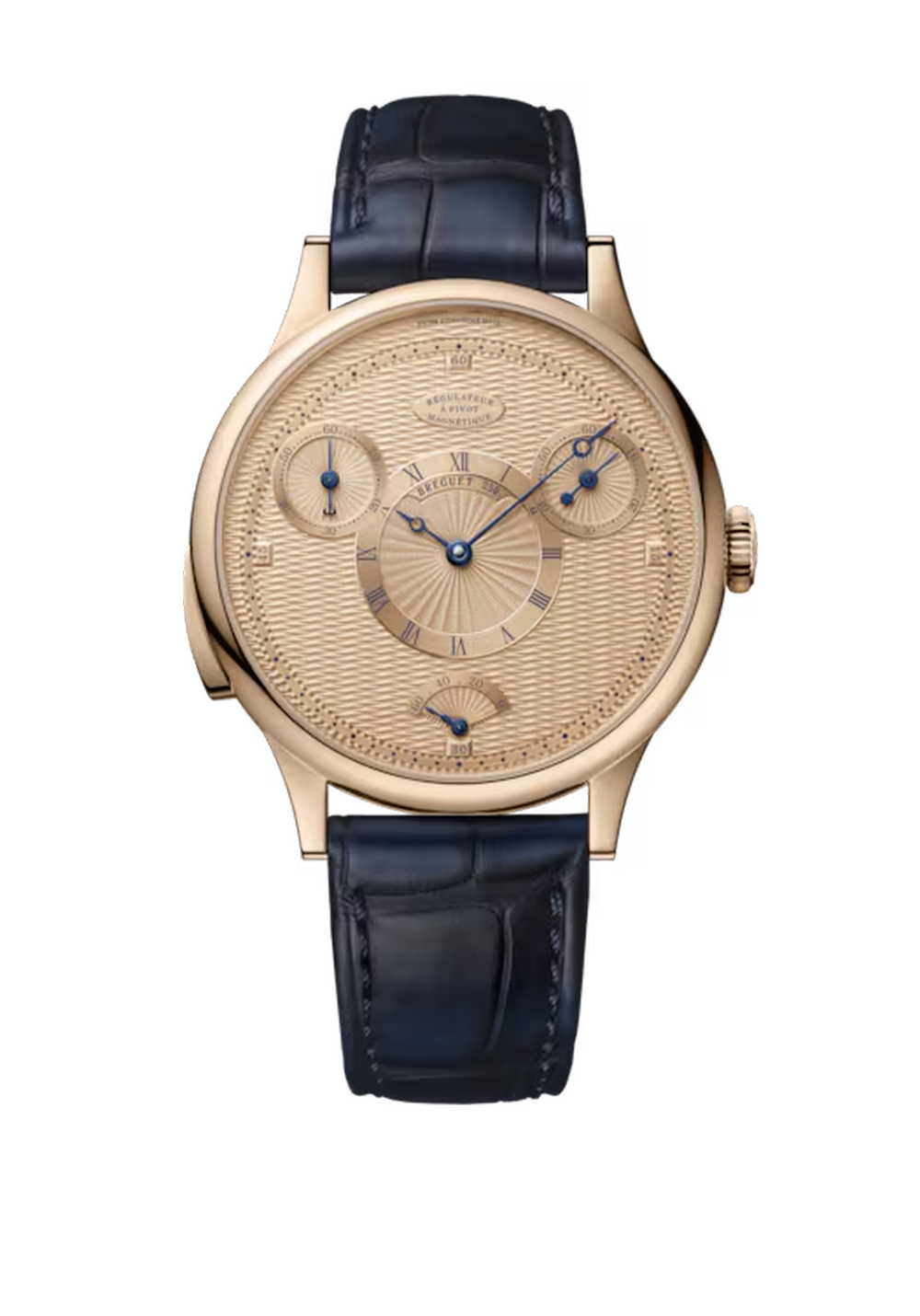 Breguet Classique Régulateur à Pivot Magnétique 7225 Gold Dial 18K Breguet Gold Navy Blue Alligator Leather Strap 41 mm 7225BH/0H/9V6