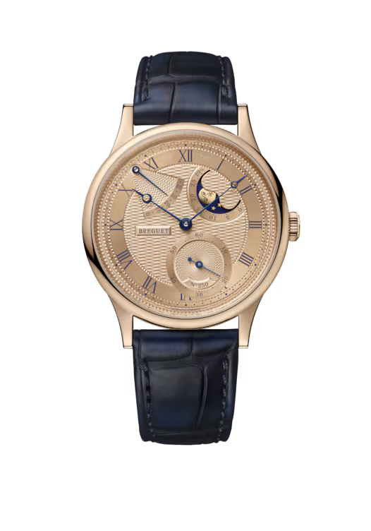 Breguet Classique Phase de lune 7235 Gold Dial 18K Breguet Gold Navy Blue Alligator Leather Strap 39 mm 7235BH/0H/9V6