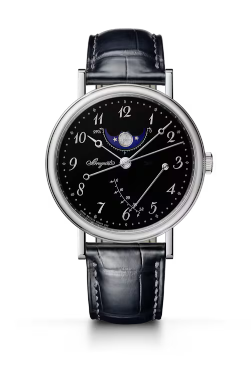 Breguet Classique Phase de Lune 7787 Black Dial Platinum Black Alligator Leather Strap 39 mm 7787PT/2N/9VU
