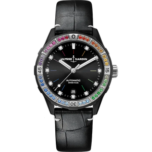 Ulysse Nardin Diver Rainbow 39 mm Black Dial with Diamonds Stainless Steel Leather Strap 8163-182B1LE-2A-RAIN/1A