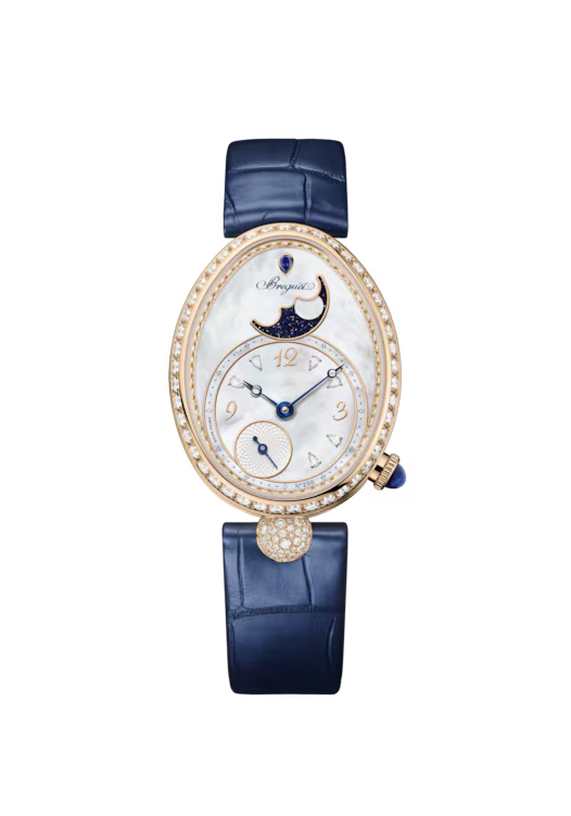 Breguet Reine de Naples Phase de Lune 9935 White Mother-of-Pearl Dial 18K Breguet Gold Blue Alligator Leather Strap 9935BH/5W/964 D0
