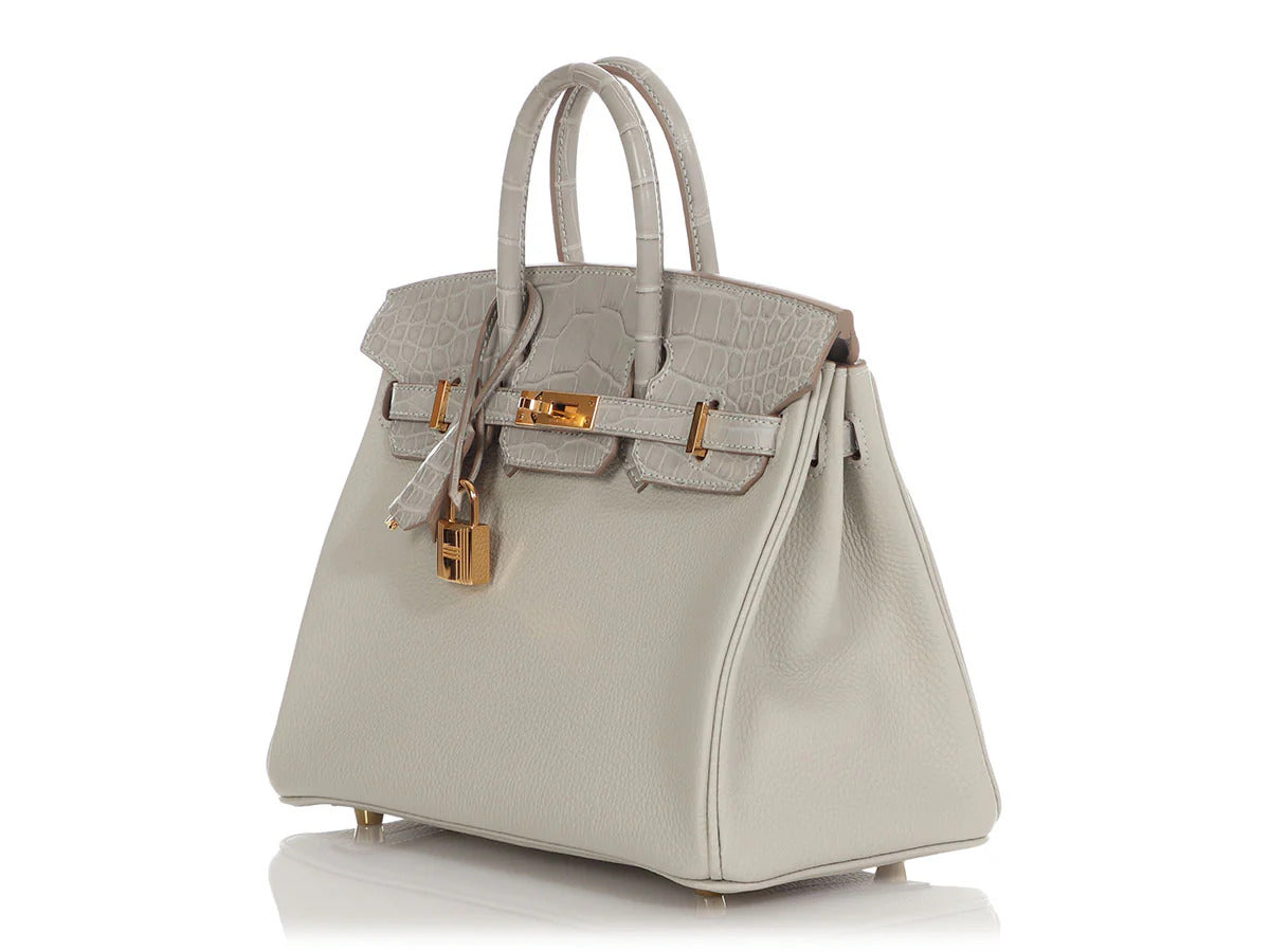 HERMES Birkin 25 Touch Matte Alligator Gris Perle Gold Hardware - WATCHXNYC