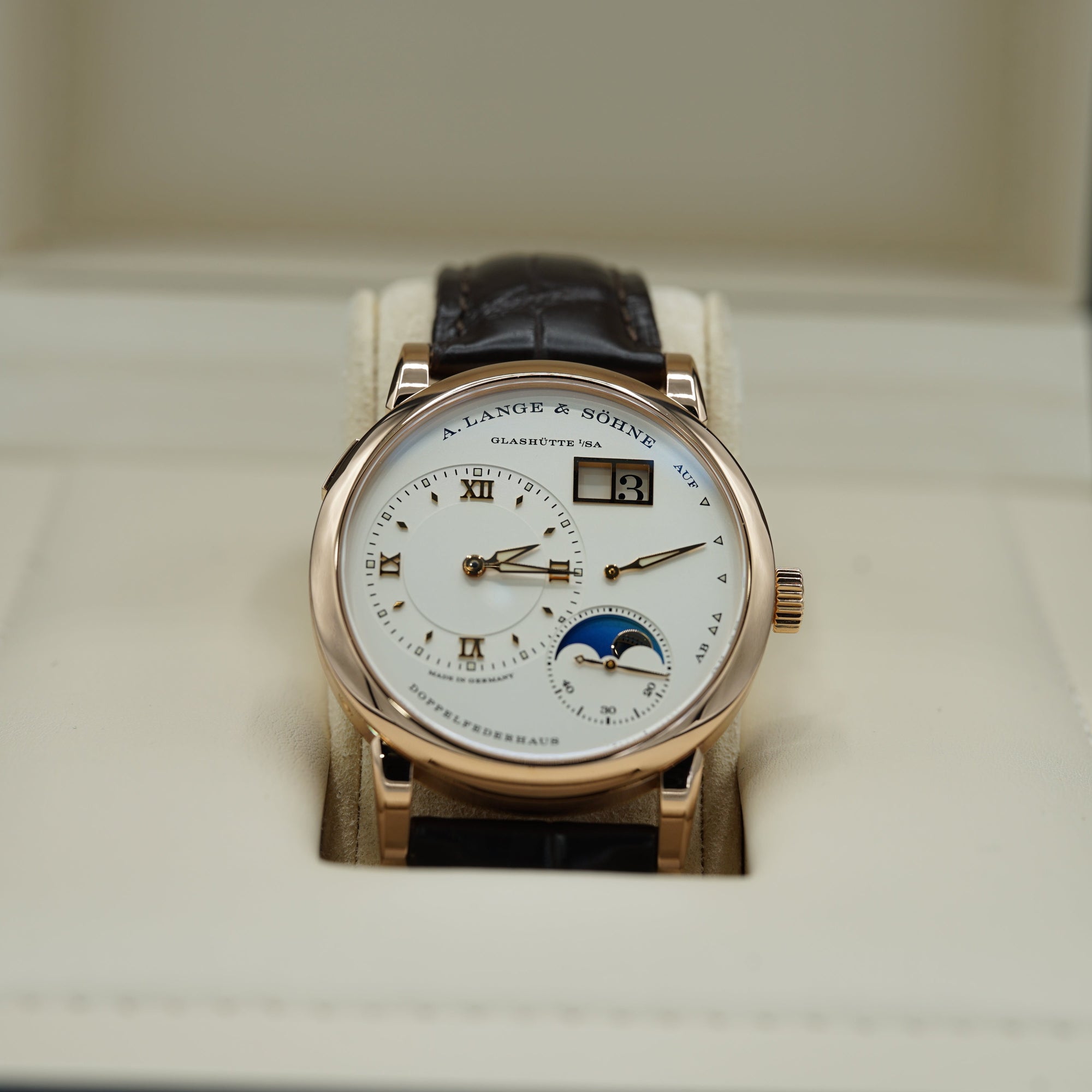 A. Lange &amp; Sohne LANGE 1 MOON PHASE 38.5 mm Silver Dial 18K Pink Gold   Leather Strap 192.032 / LSLS1924AD - WATCHXNYC
