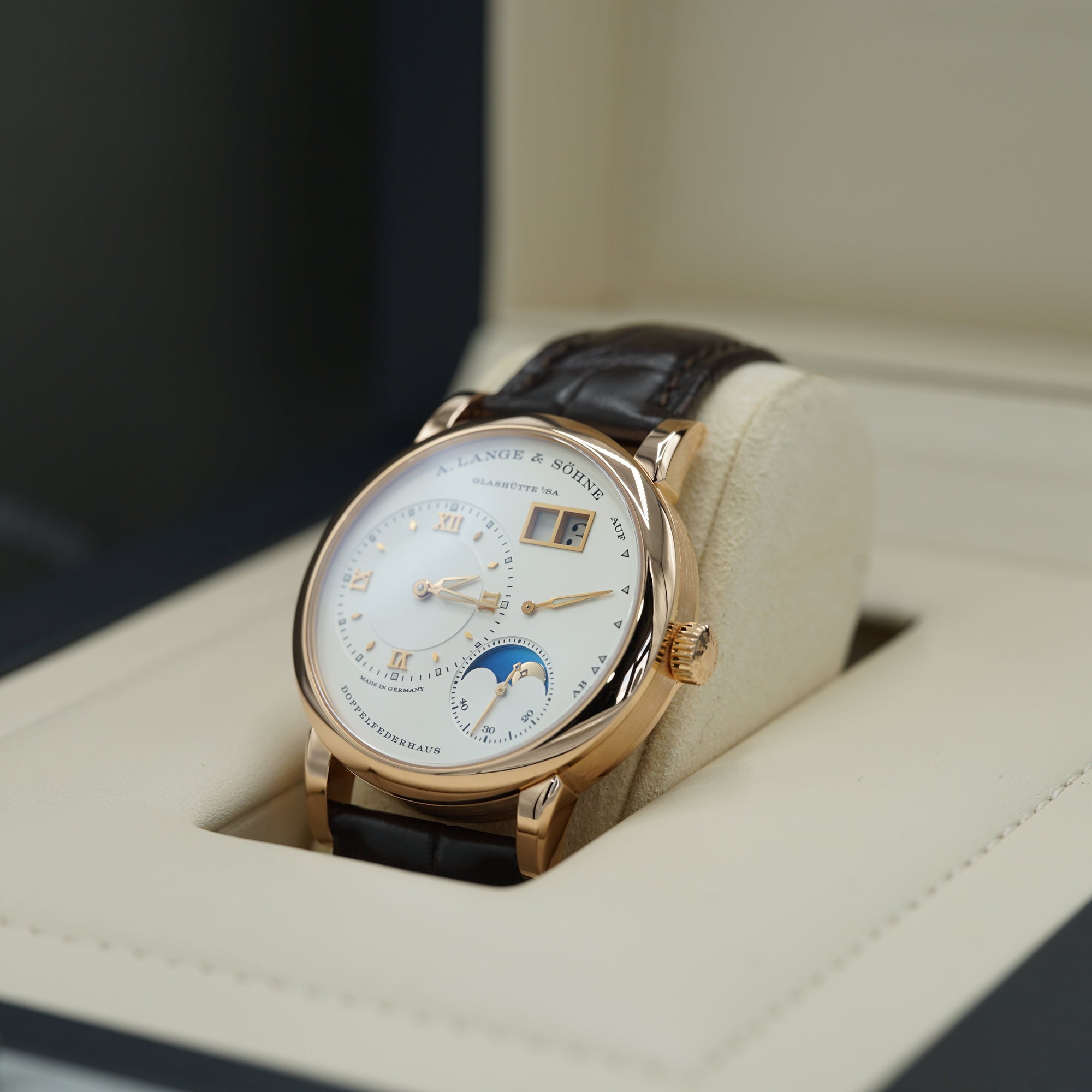 A. Lange &amp; Sohne LANGE 1 MOON PHASE 38.5 mm Silver Dial 18K Pink Gold   Leather Strap 192.032 / LSLS1924AD - WATCHXNYC