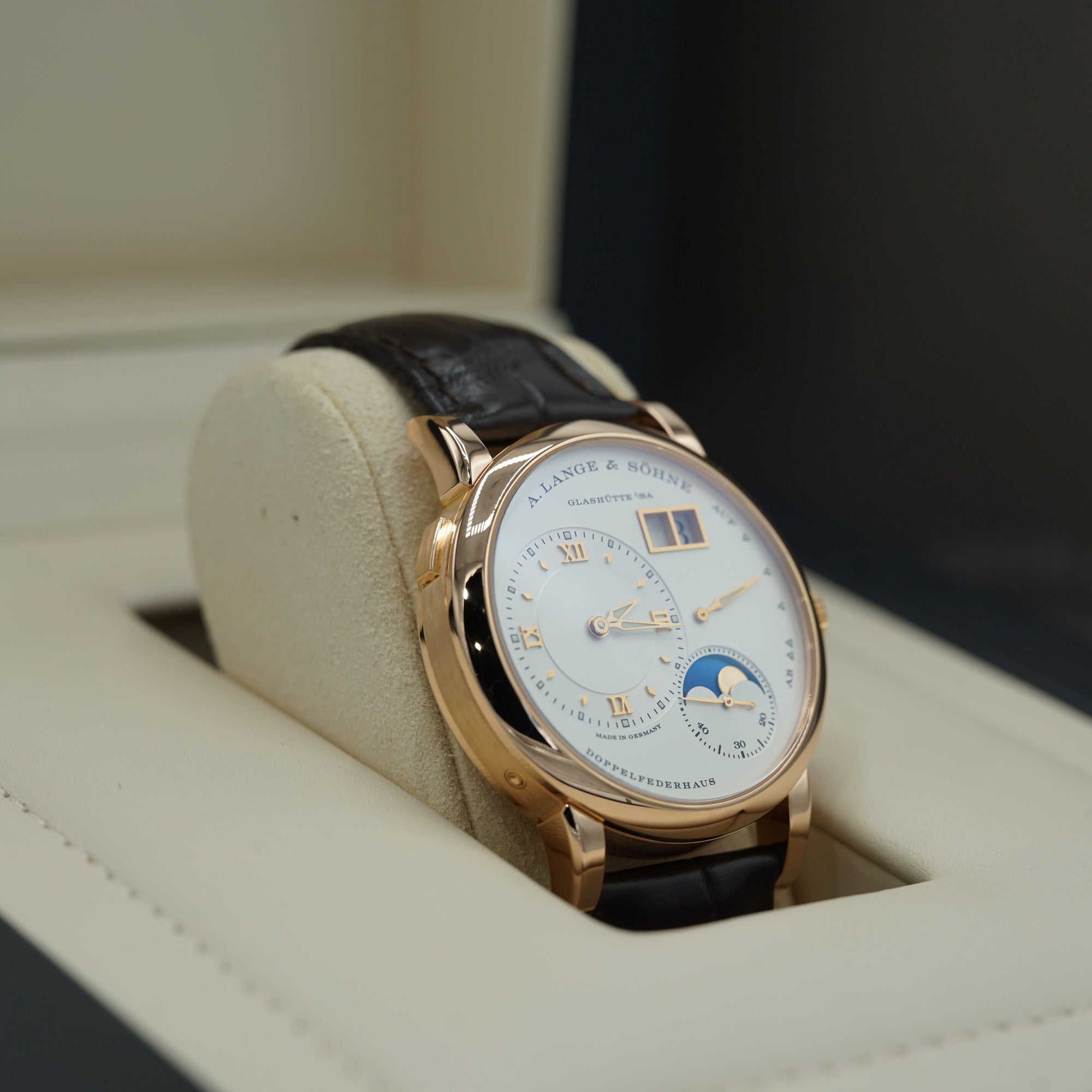 A. Lange &amp; Sohne LANGE 1 MOON PHASE 38.5 mm Silver Dial 18K Pink Gold   Leather Strap 192.032 / LSLS1924AD - WATCHXNYC