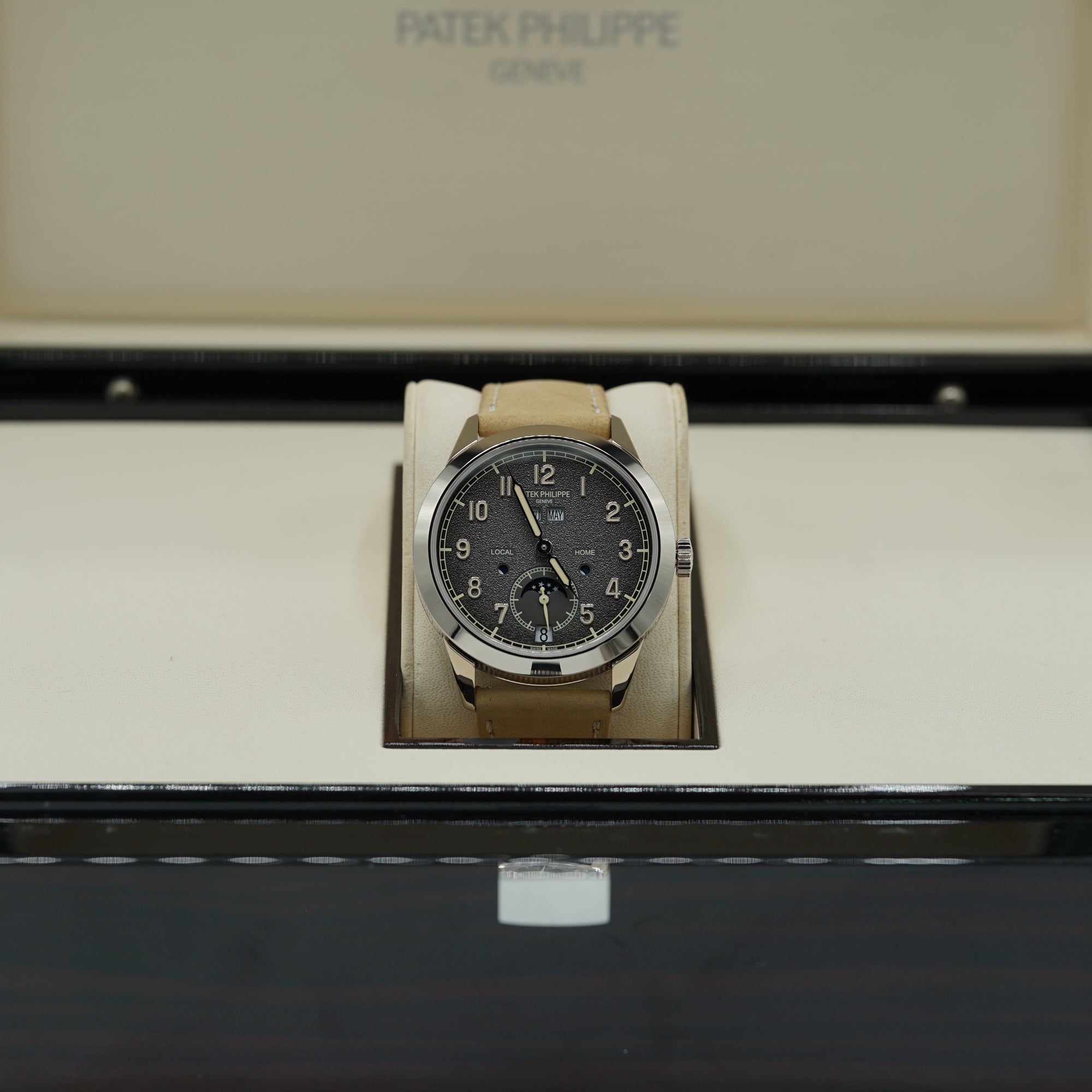 Patek Philippe Complications Travel Time Textured Gray Dial White Gold Case   Beige Strap 41mm 5326G-001 - WATCHXNYC