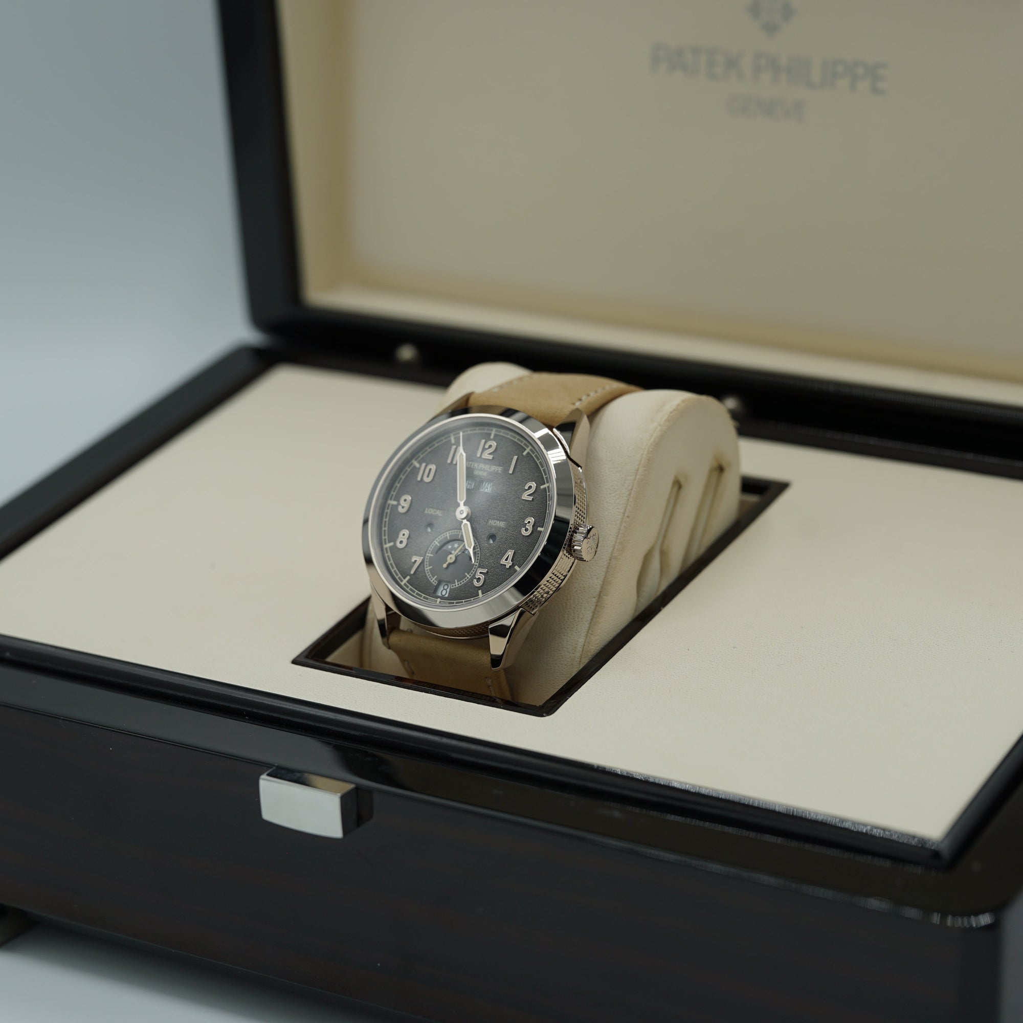 Patek Philippe Complications Travel Time Textured Gray Dial White Gold Case   Beige Strap 41mm 5326G-001 - WATCHXNYC
