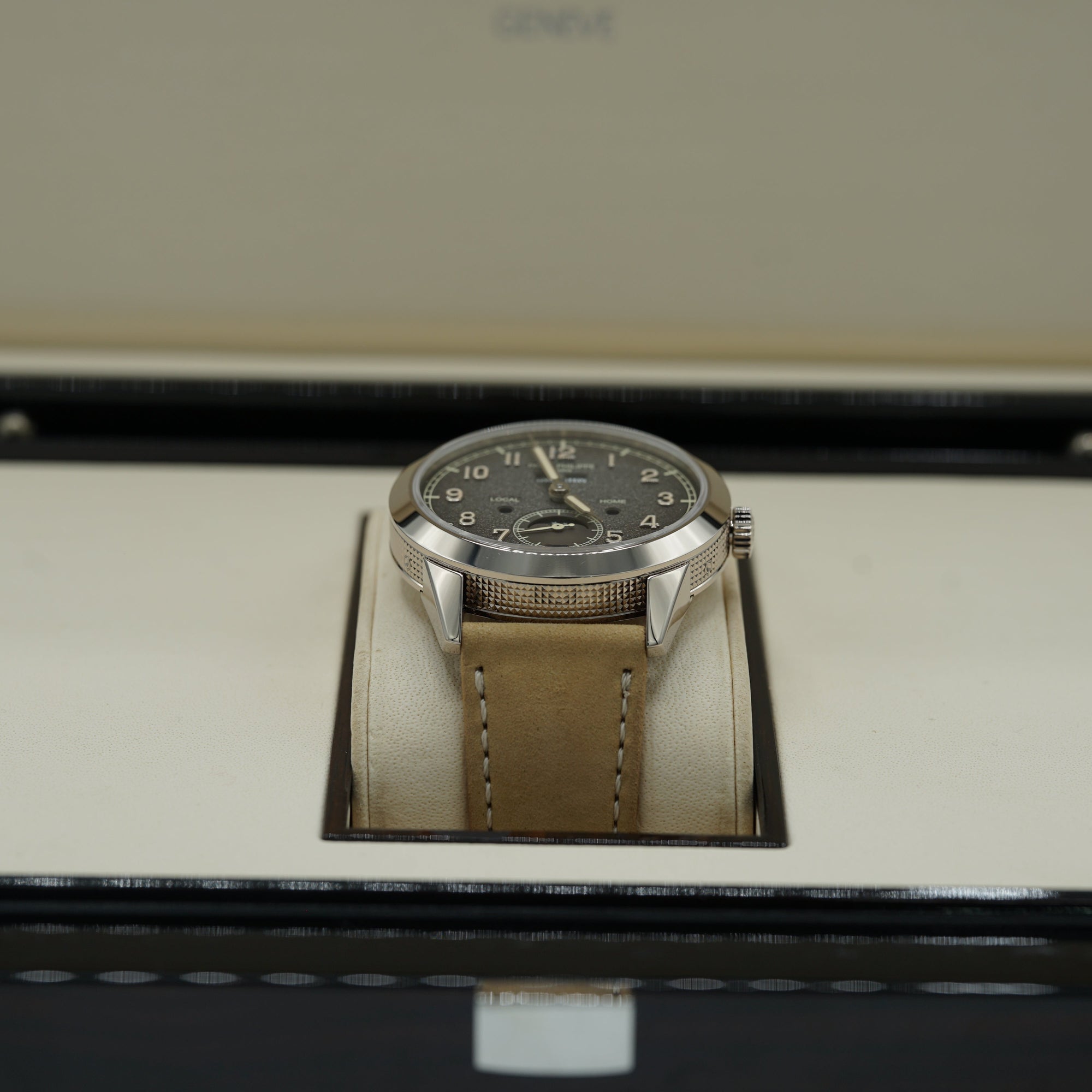 Patek Philippe Complications Travel Time Textured Gray Dial White Gold Case   Beige Strap 41mm 5326G-001 - WATCHXNYC