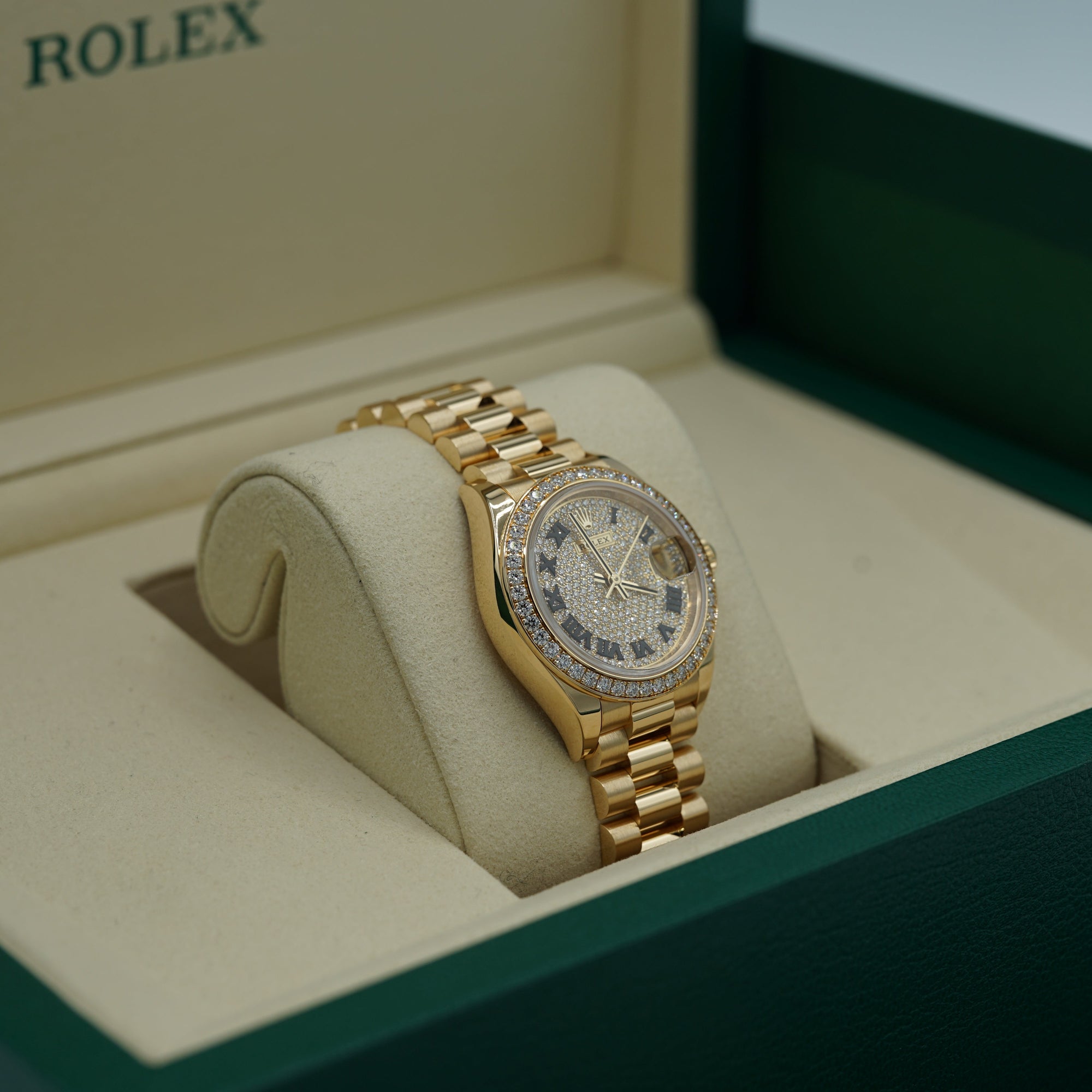 Rolex Oyster 28 mm Diamond-Paved Dial 18k Yellow Gold President Bracelet 279138rbr-0029 - WATCHXNYC