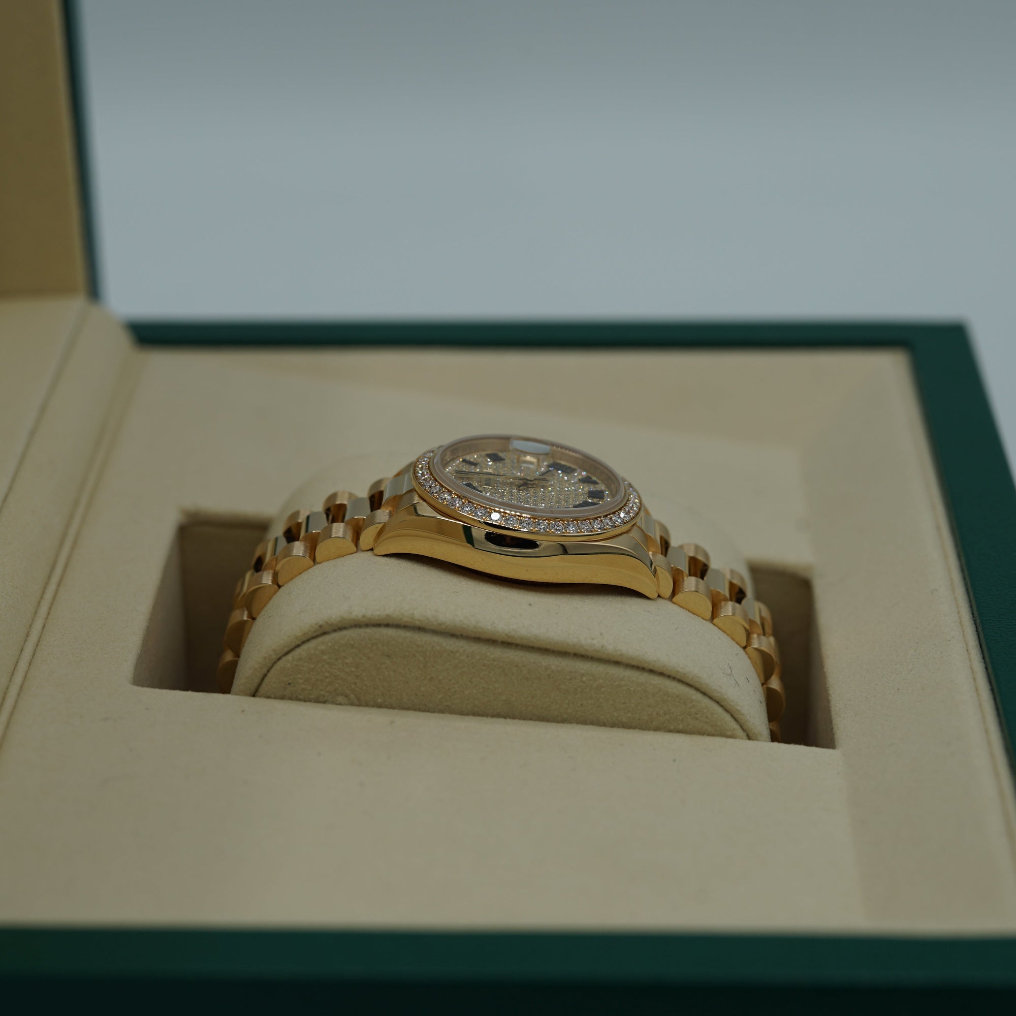 Rolex Oyster 28 mm Diamond-Paved Dial 18k Yellow Gold President Bracelet 279138rbr-0029 - WATCHXNYC