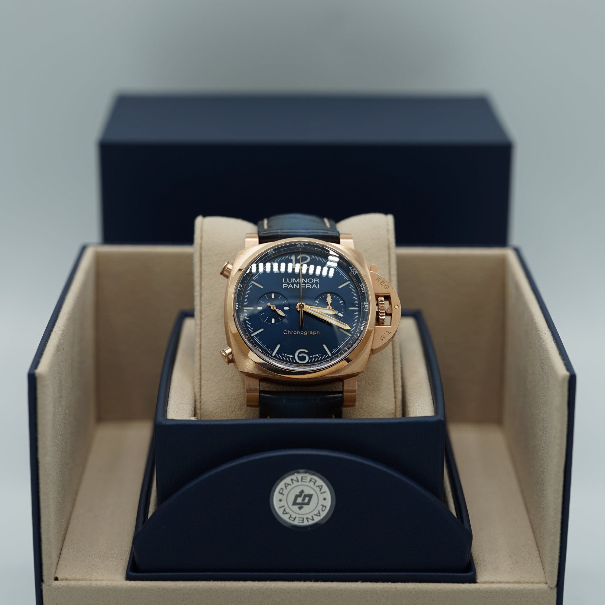 Panerai Luminor Chrono Goldtech™ 44 mm Blue Dial Panerai Goldtech   Dark Blue Leather Strap PAM01111 - WATCHXNYC