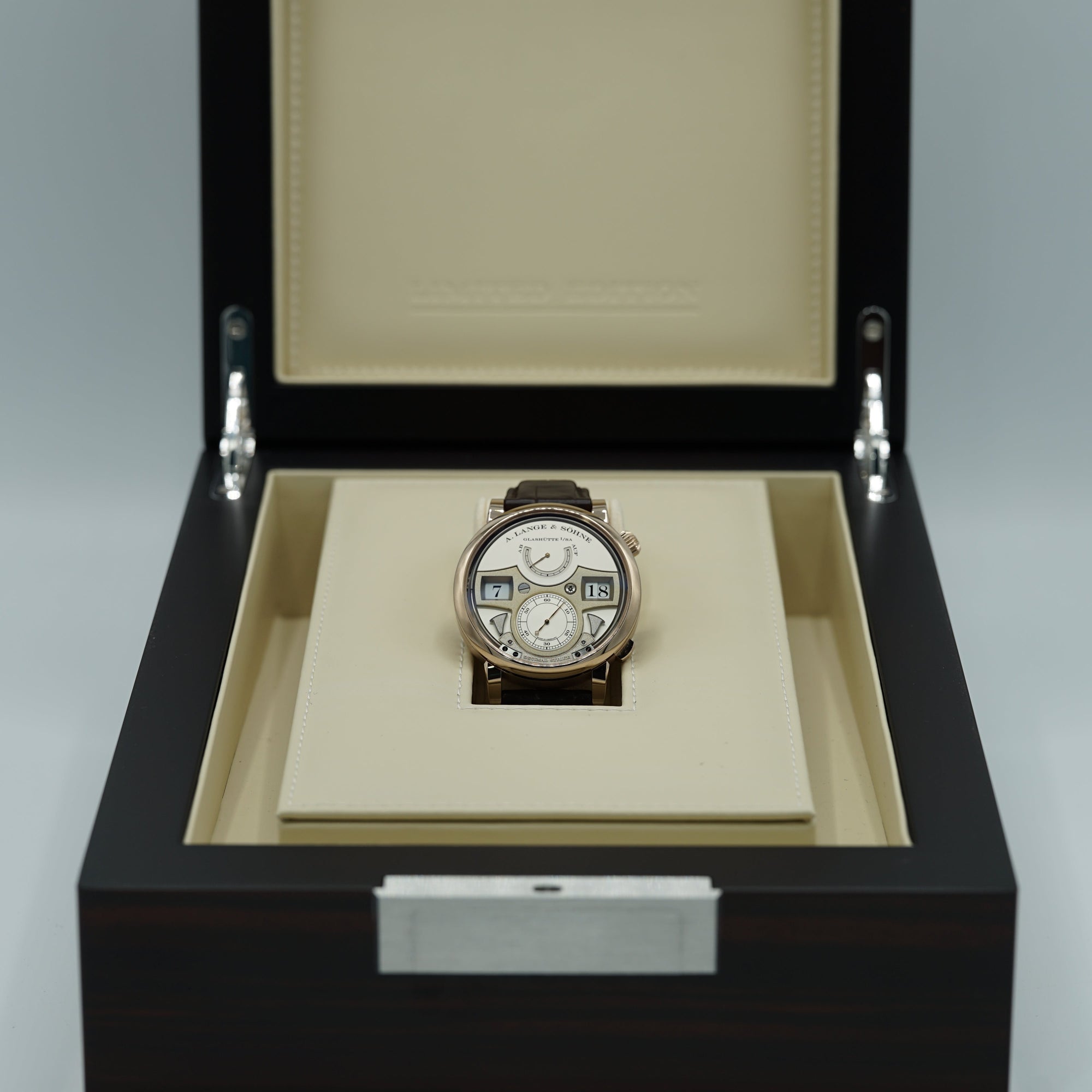 A. Lange &amp; Sohne Zeitwerk Decimal Strike 44.2 mm Silver Dial 18k Honey Gold   Leather Strap 143.050 / LSLS1436AA - WATCHXNYC