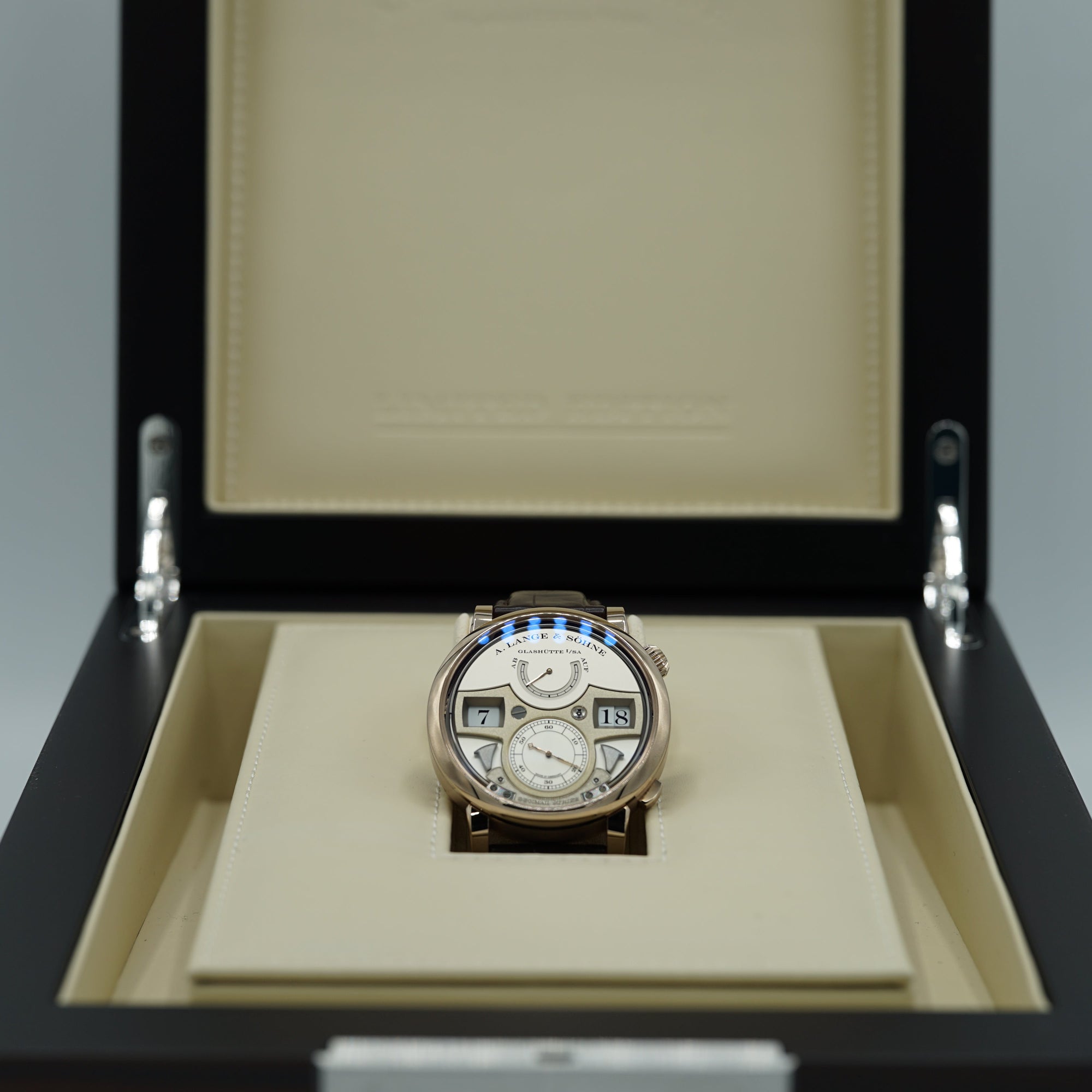 A. Lange &amp; Sohne Zeitwerk Decimal Strike 44.2 mm Silver Dial 18k Honey Gold   Leather Strap 143.050 / LSLS1436AA - WATCHXNYC