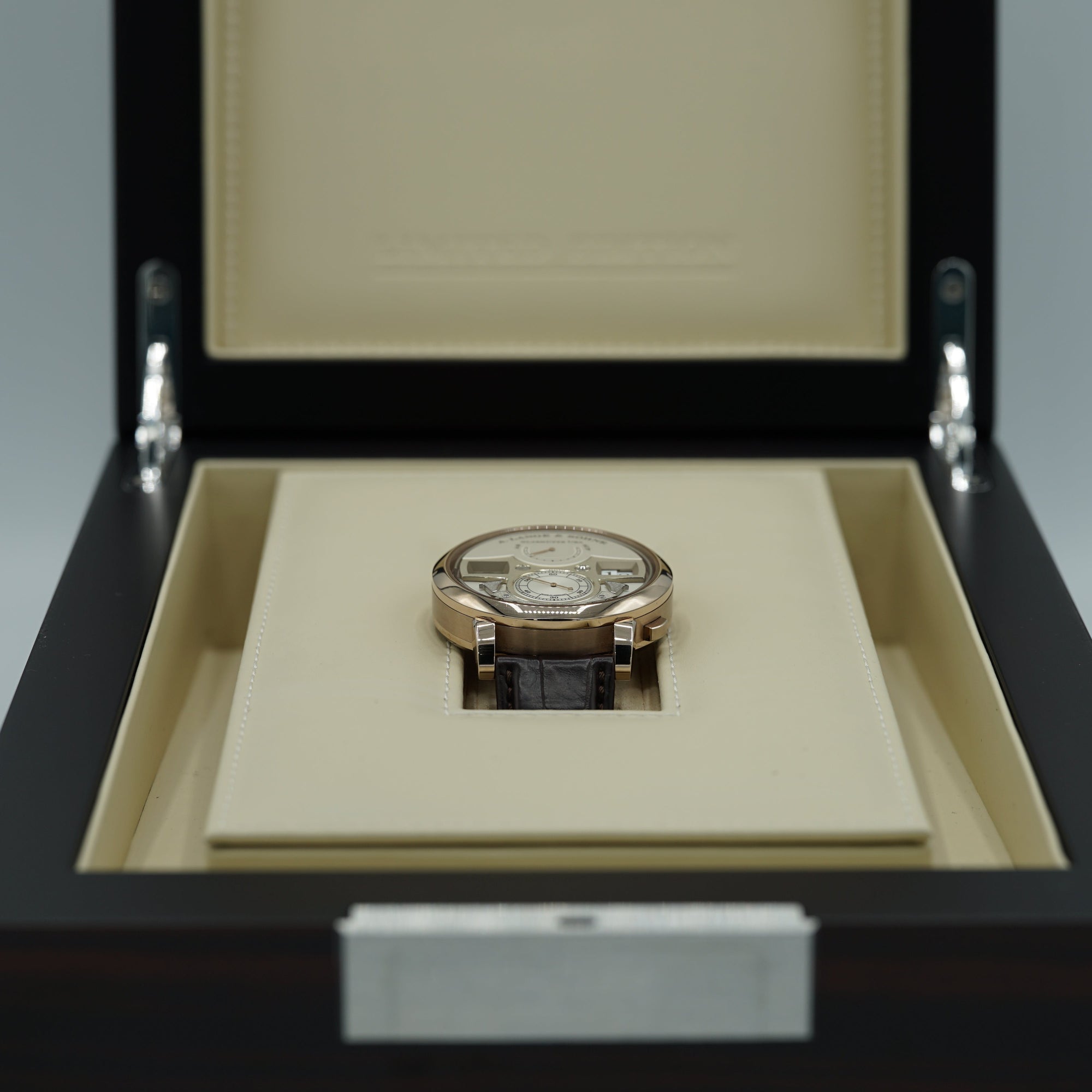 A. Lange &amp; Sohne Zeitwerk Decimal Strike 44.2 mm Silver Dial 18k Honey Gold   Leather Strap 143.050 / LSLS1436AA - WATCHXNYC