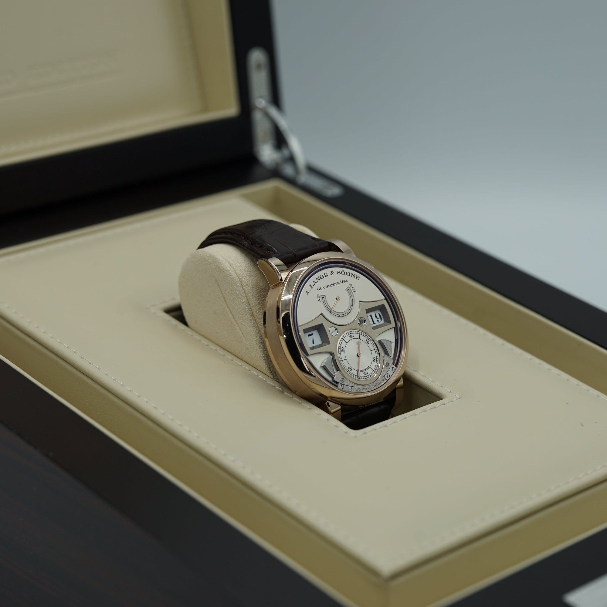 A. Lange &amp; Sohne Zeitwerk Decimal Strike 44.2 mm Silver Dial 18k Honey Gold   Leather Strap 143.050 / LSLS1436AA - WATCHXNYC