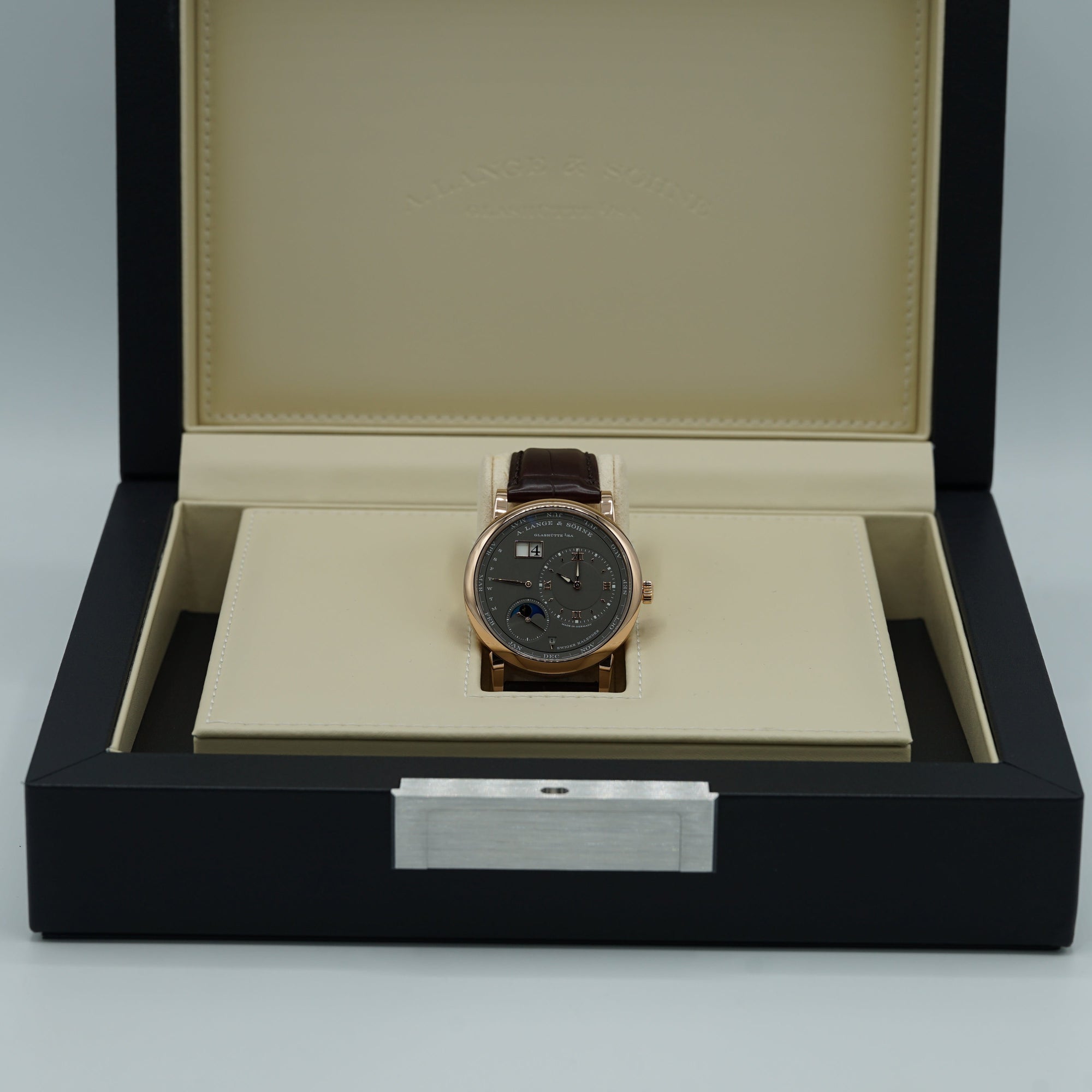 A. Lange &amp; Sohne LANGE 1 PERPETUAL CALENDAR 41.9 mm Grey Dial 18K Pink Gold   Leather Strap 345.033 E / LSLS3454AG - WATCHXNYC