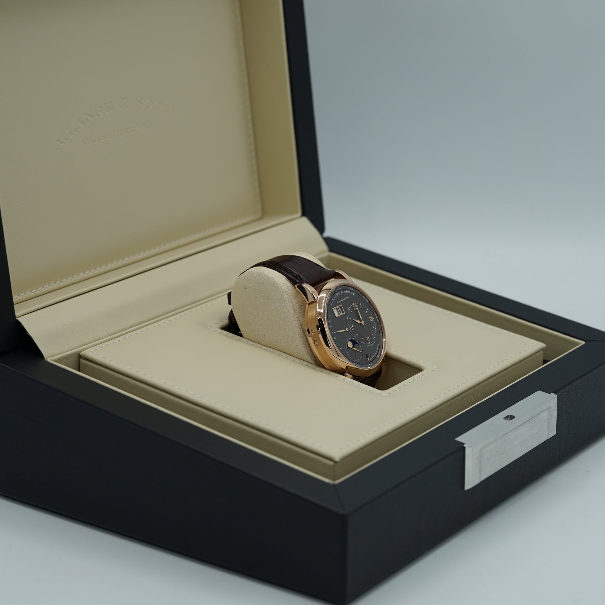 A. Lange &amp; Sohne LANGE 1 PERPETUAL CALENDAR 41.9 mm Grey Dial 18K Pink Gold   Leather Strap 345.033 E / LSLS3454AG - WATCHXNYC