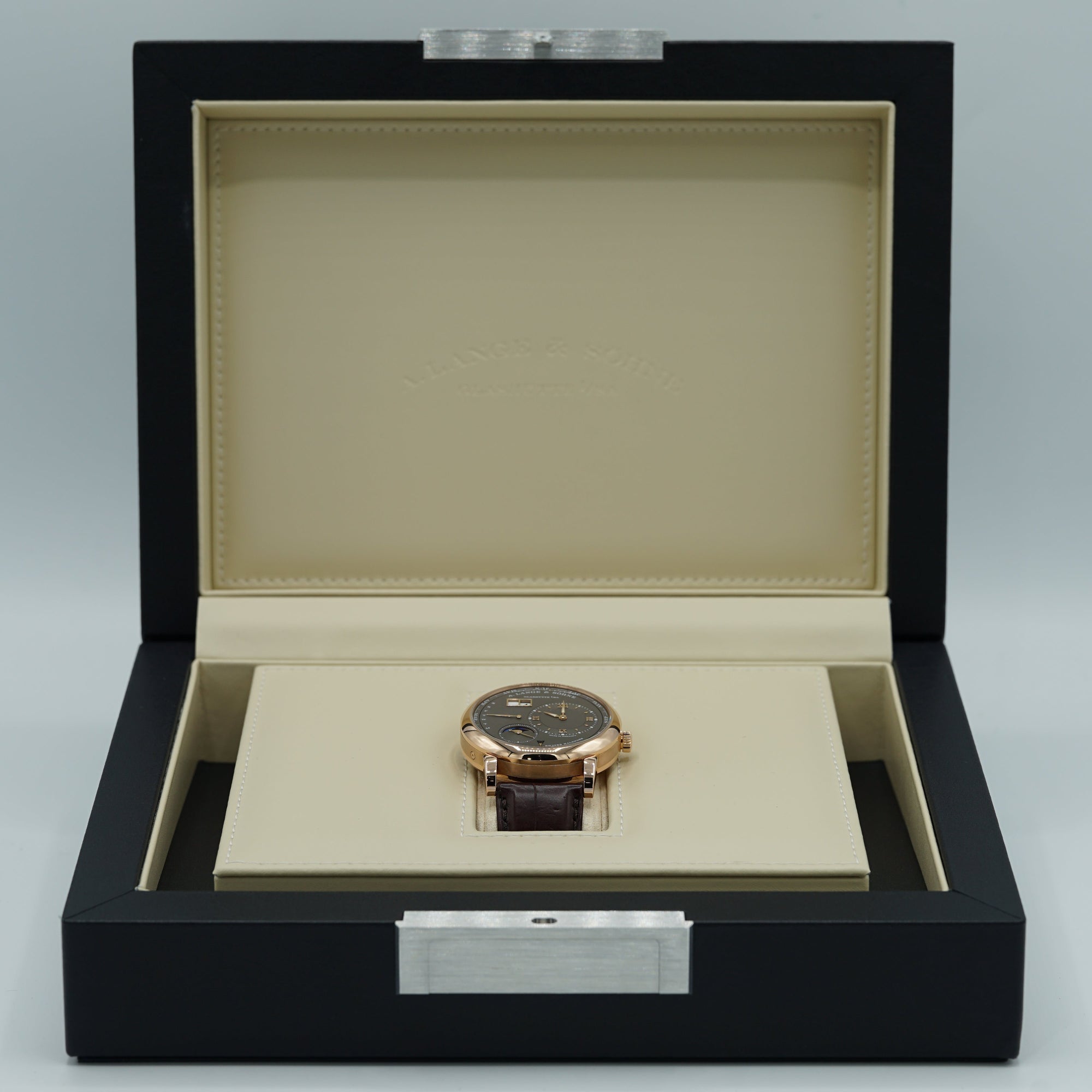 A. Lange &amp; Sohne LANGE 1 PERPETUAL CALENDAR 41.9 mm Grey Dial 18K Pink Gold   Leather Strap 345.033 E / LSLS3454AG - WATCHXNYC