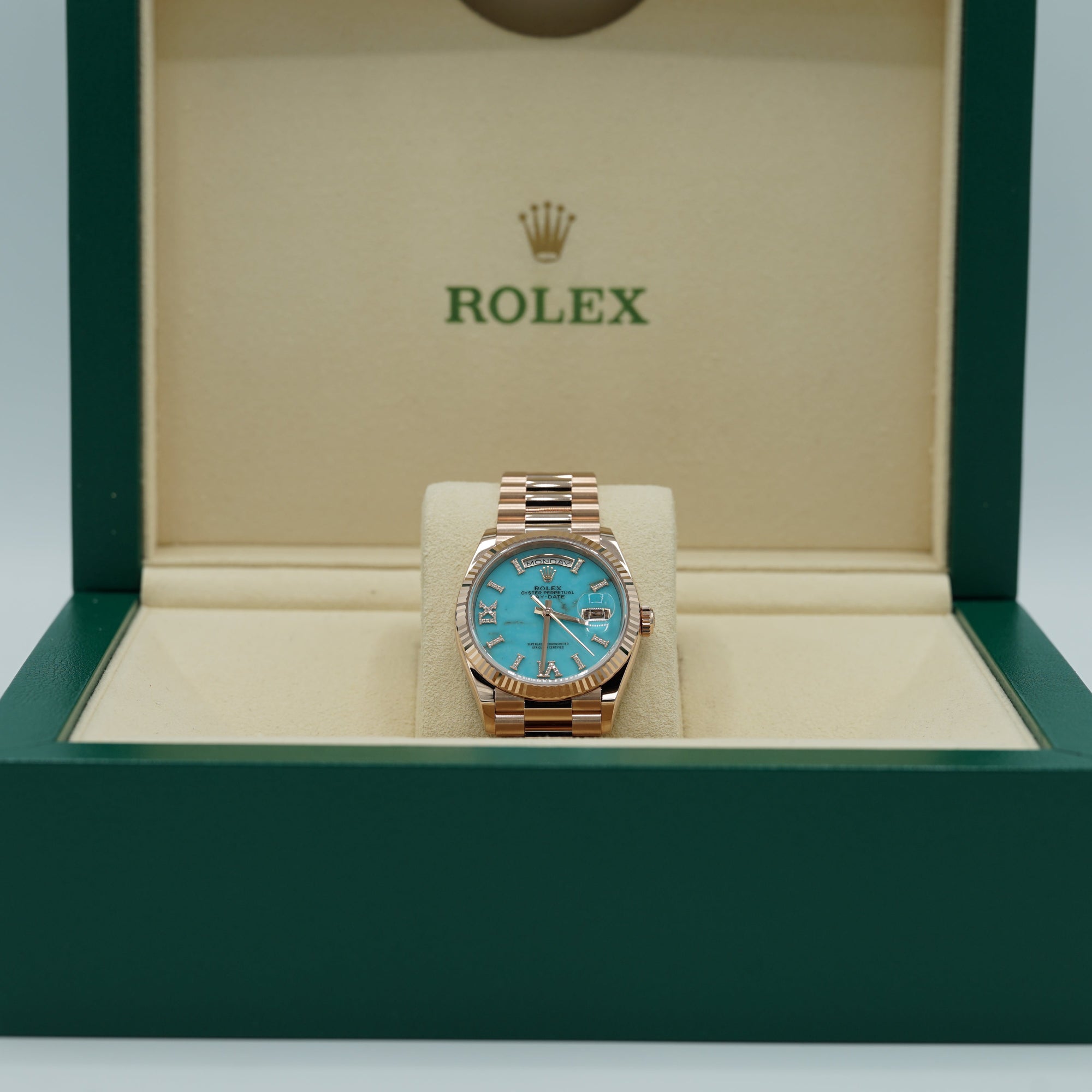 Rolex Day-Date 36 mm Turquoise Set With Diamonds Dial 18 kt Everose Gold President Bracelet 128345rbr-0064 - WATCHXNYC