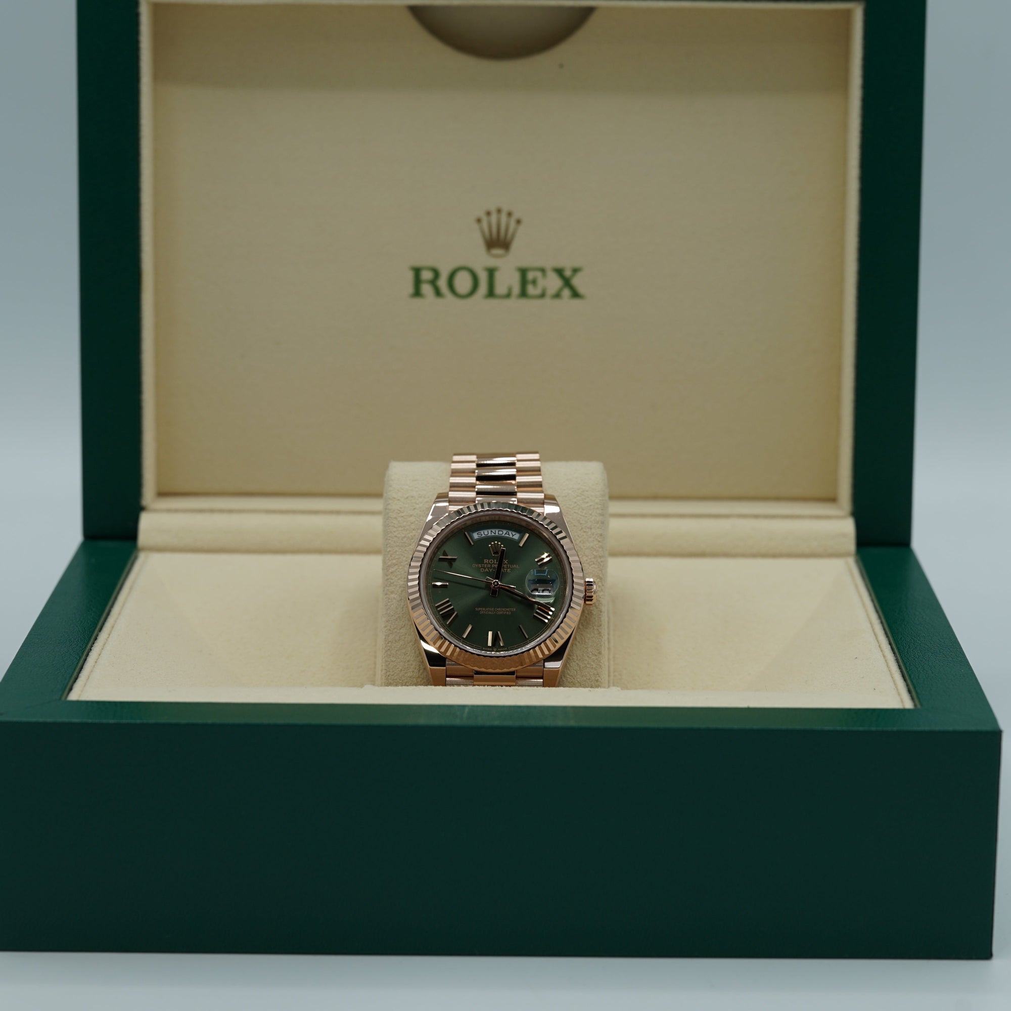 Rolex Oyster 40 mm Olive Green Dial 18 kt Everose Gold President, Semi-Circular Three-Piece Links 228235-0025 - WATCHXNYC