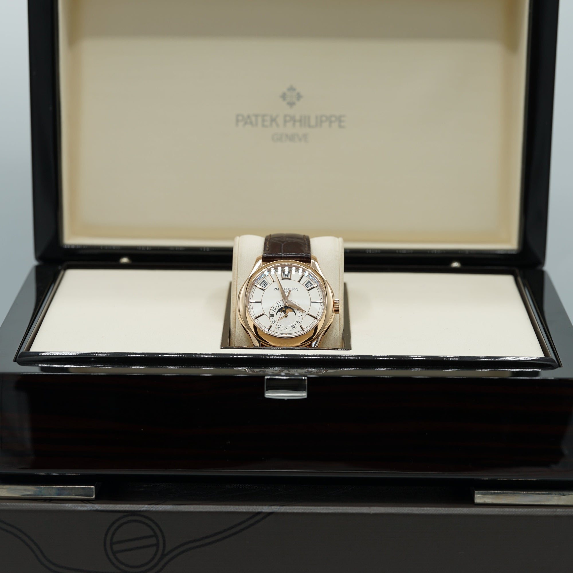 Patek Philippe 5205R-001 Annual Calendar Complications 40mm Opaline White Dial Rose Gold - WATCHXNYC