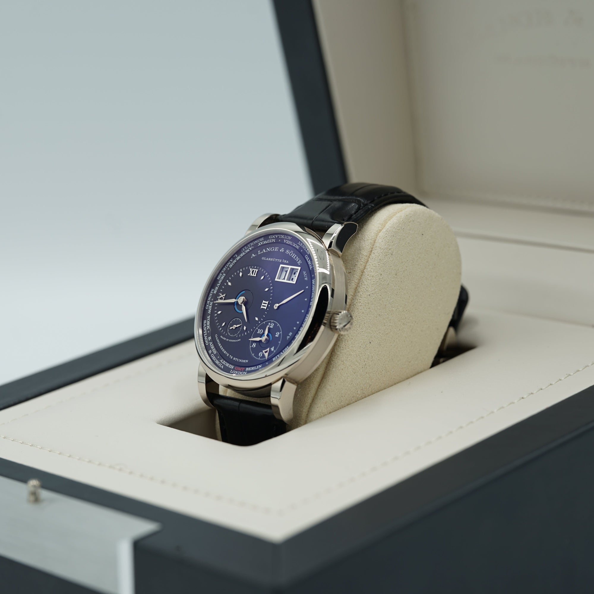 A. Lange &amp; Sohne LANGE 1 TIME ZONE 41.9 mm Black Dial 18K White Gold   Leather Strap 136.029 / LSLS1363AG - WATCHXNYC