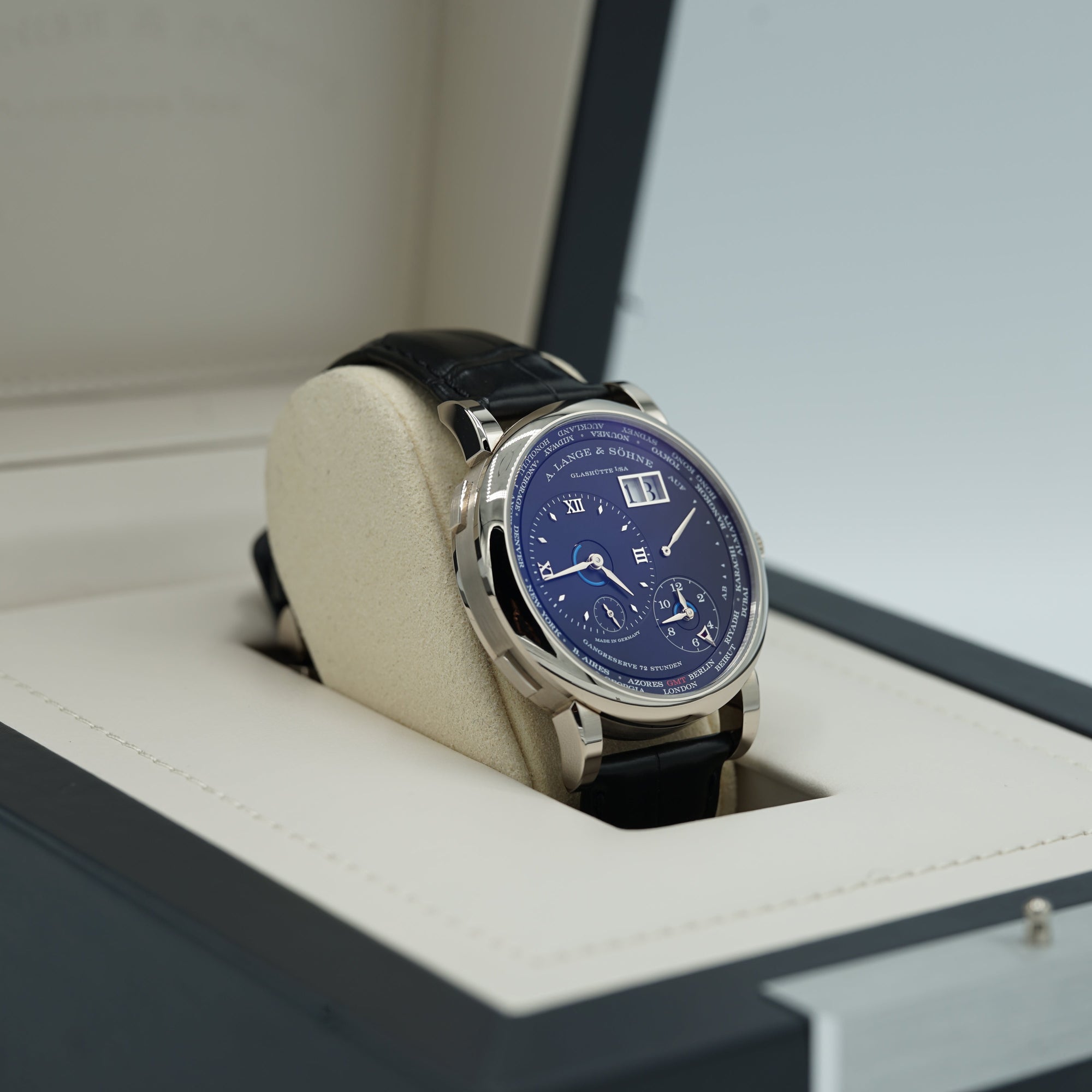 A. Lange &amp; Sohne LANGE 1 TIME ZONE 41.9 mm Black Dial 18K White Gold   Leather Strap 136.029 / LSLS1363AG - WATCHXNYC