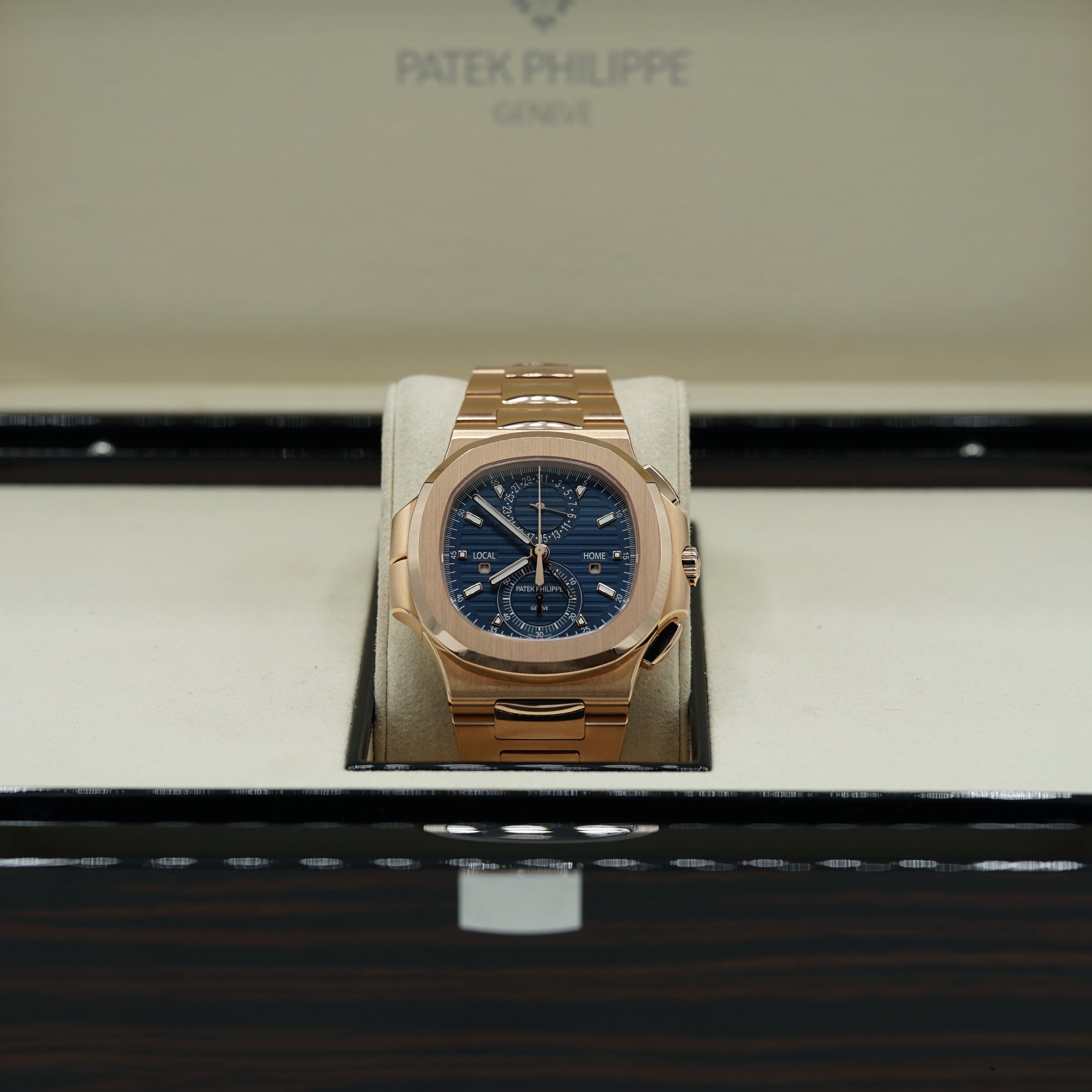 Patek Philippe Flyback Chronograph Travel Time Sunburst  Blue & Gold Dial Rose Gold Case/Bracelet 40.5mm 5990-1R-001 - WATCHXNYC