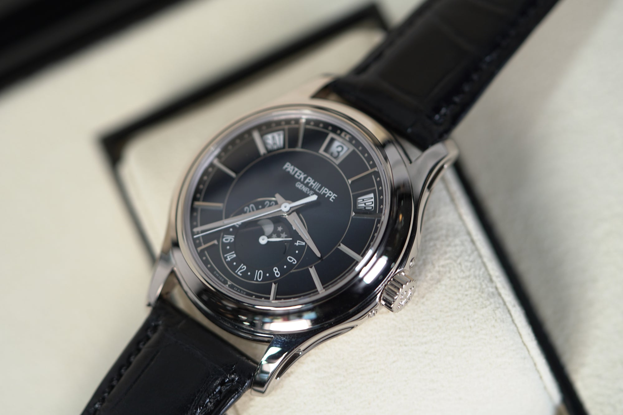 Patek Philippe Complications 40 mm Blue Dial 18K White Gold   Leather Strap 5205G-013 - WATCHXNYC