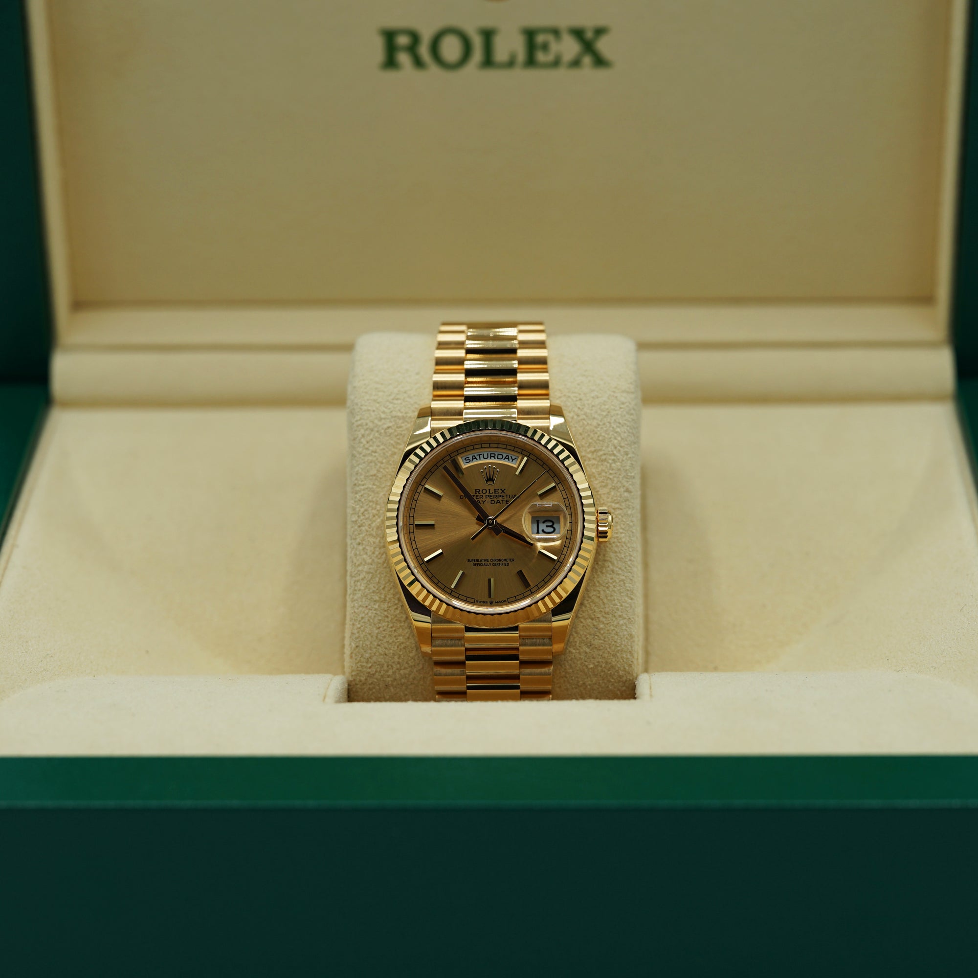 Rolex Day-Date 40 mm Champagne-Colour Dial 18k Yellow Gold President Bracelet 228238-0003 - WATCHXNYC
