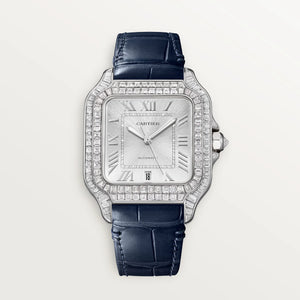 Cartier Santos Silver Dial 18K White Gold Navy Blue Alligator Leather Strap Large Model HPI01687
