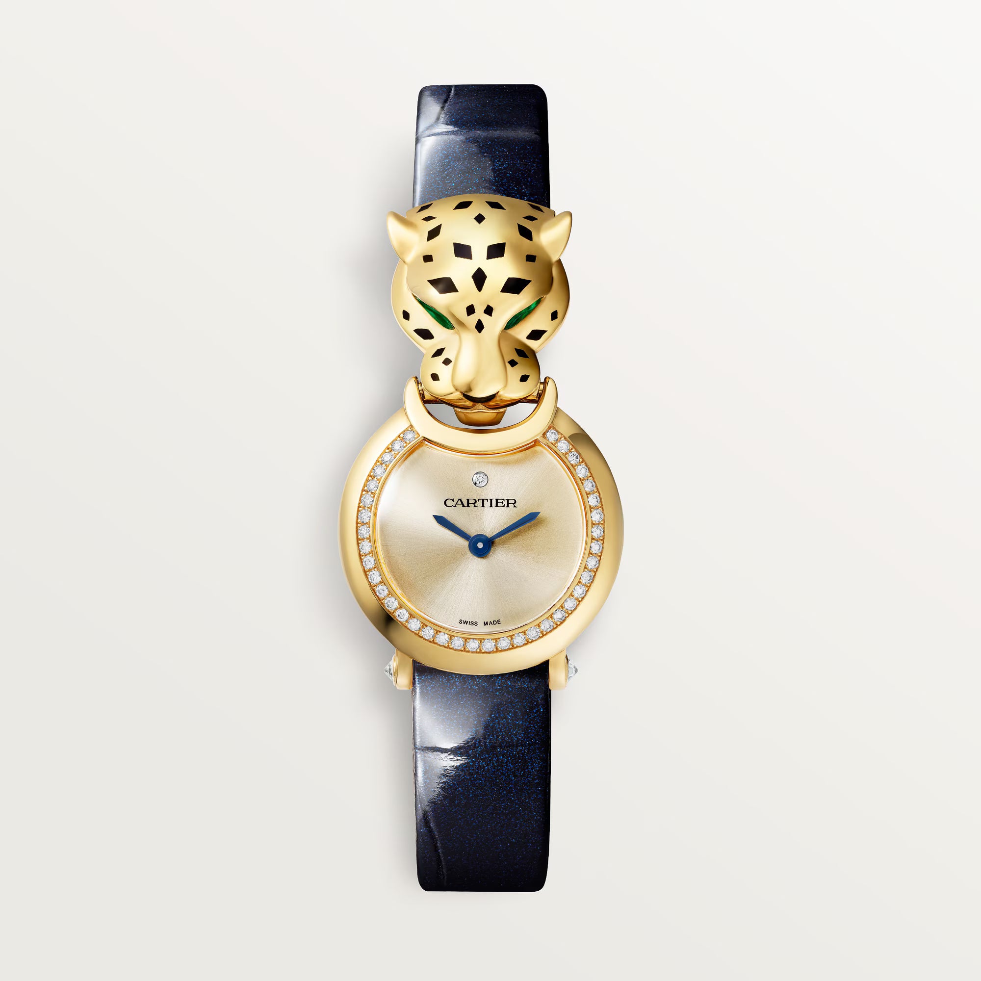 Cartier La Panthère Gold Dial 18K Yellow Gold Navy Blue Alligator Leather Strap 25.4 HPI01723