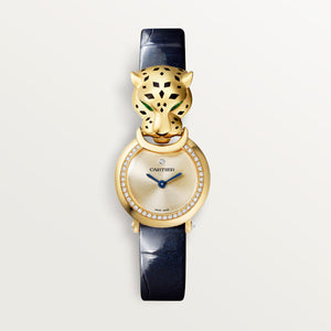 Cartier La Panthère Gold Dial 18K Yellow Gold Navy Blue Alligator Leather Strap 25.4 HPI01723
