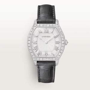 Cartier Tortue Large White Dial Platinum Grey Alligator Leather Strap HPI01830