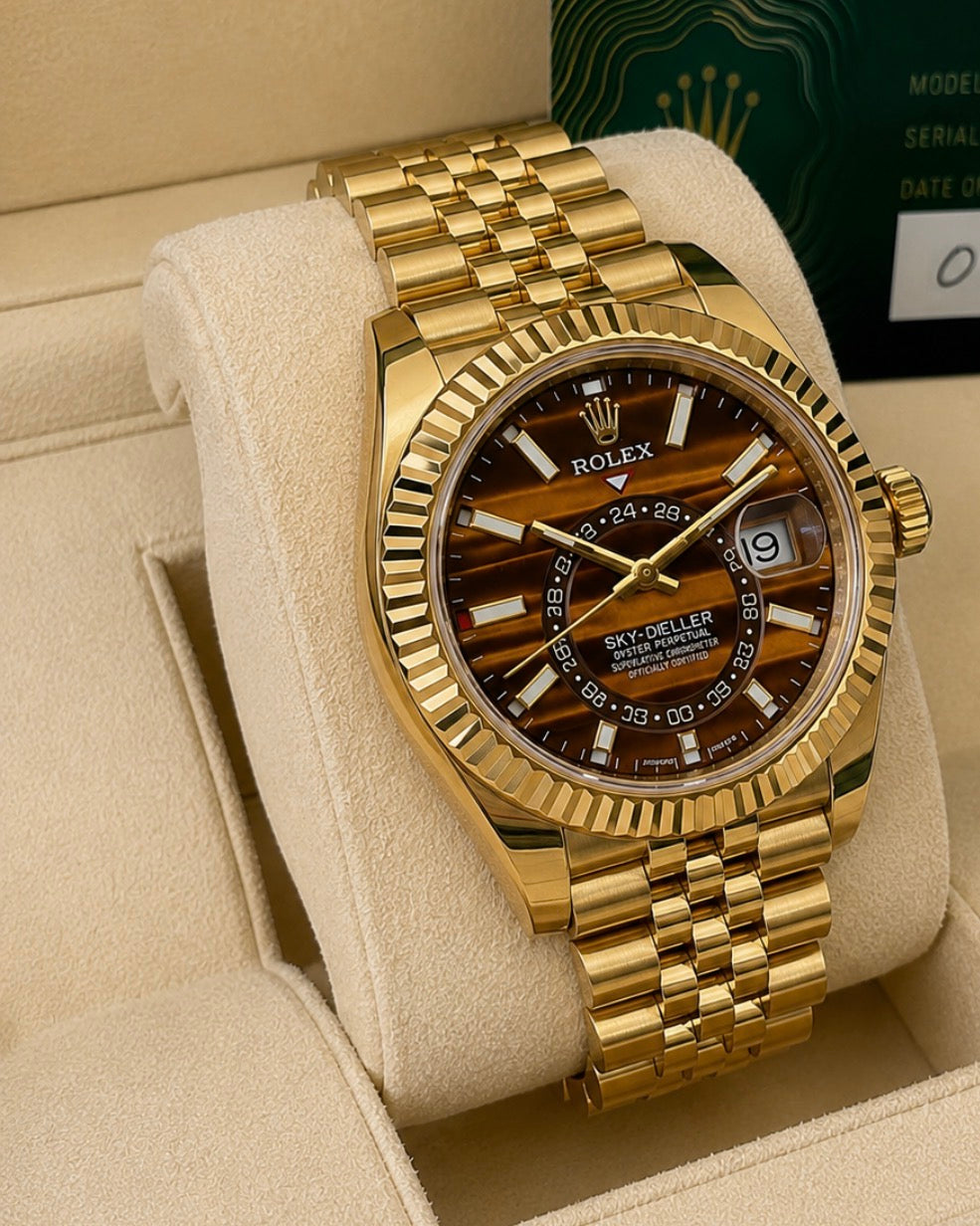 Rolex Sky-dweller Yellow Gold 42mm tiger eye Dial am Fluted Bezel Jubilee Bracelet
