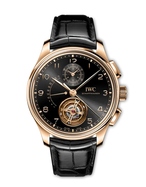 IWC Portugieser Tourbillon Rétrograde Chronograph Black Dial 18K Armor Gold® Black Alligator Leather Strap 43.5 mm IW394009