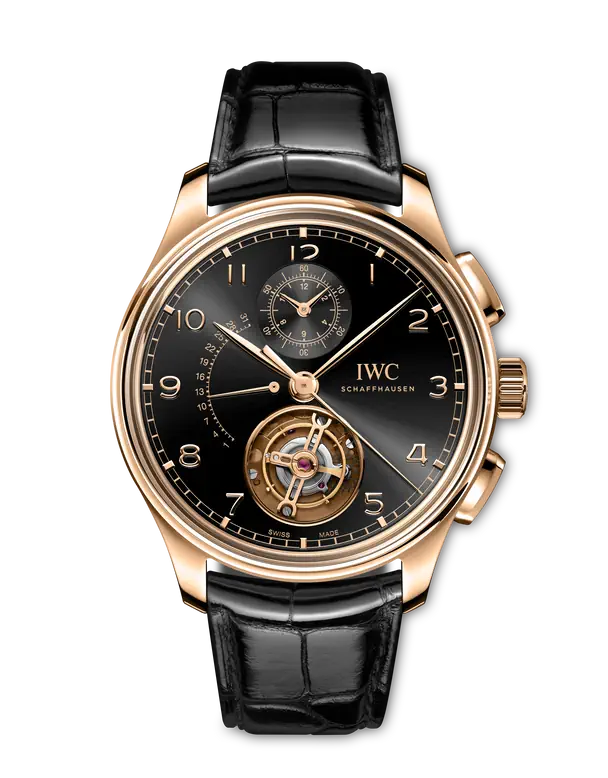 IWC Portugieser Tourbillon Rétrograde Chronograph Black Dial 18K Armor Gold® Black Alligator Leather Strap 43.5 mm IW394009