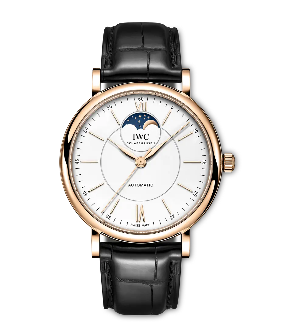 IWC Portofino Automatic Moon Phase Silver Dial 18K 5N Gold Black Alligator Leather Strap 40 mm IW459403