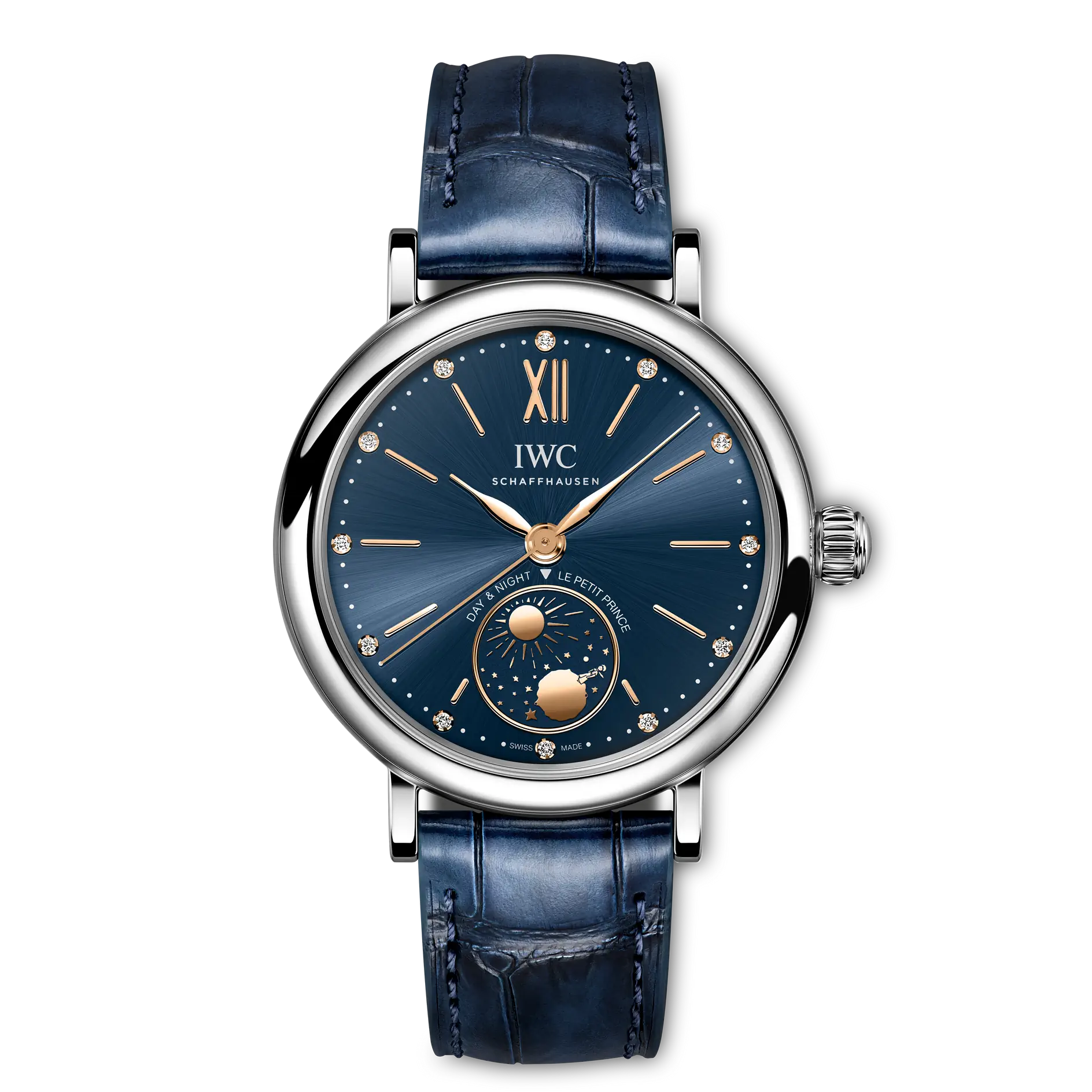 IWC Portofino Automatic Day &amp; Night 34 Le Petit Prince Blue Dial Steel Blue Alligator Leather Strap 34 mm IW459806 - WATCHXNYC