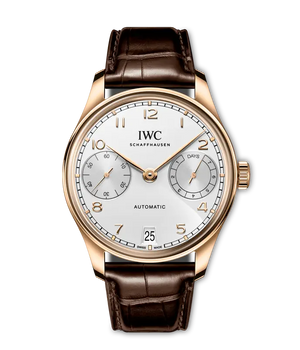 IWC Portugieser Automatic 42 Silver Dial 18K 5N Gold Dark Brown Alligator Leather Strap 42.4 mm IW501706