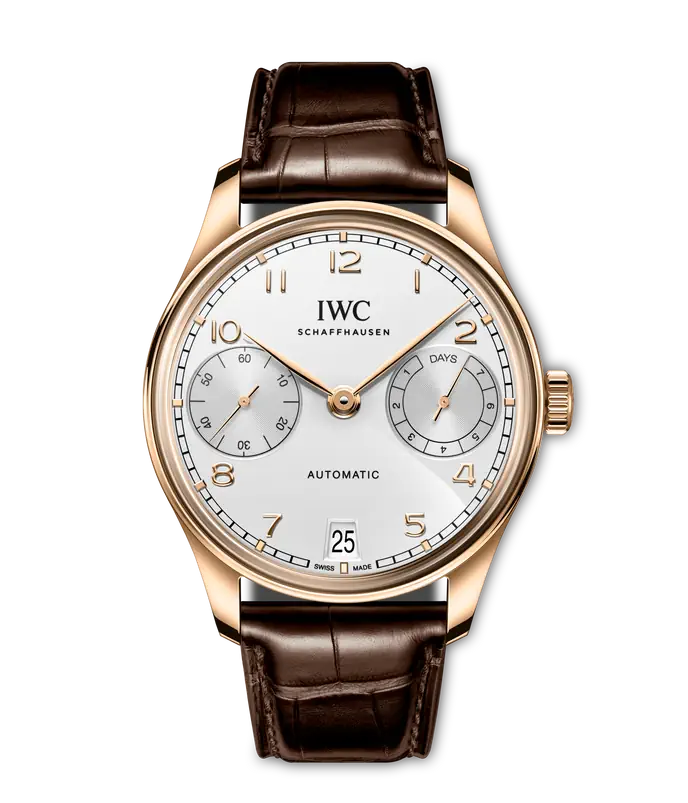 IWC Portugieser Automatic 42 Silver Dial 18K 5N Gold Dark Brown Alligator Leather Strap 42.4 mm IW501706
