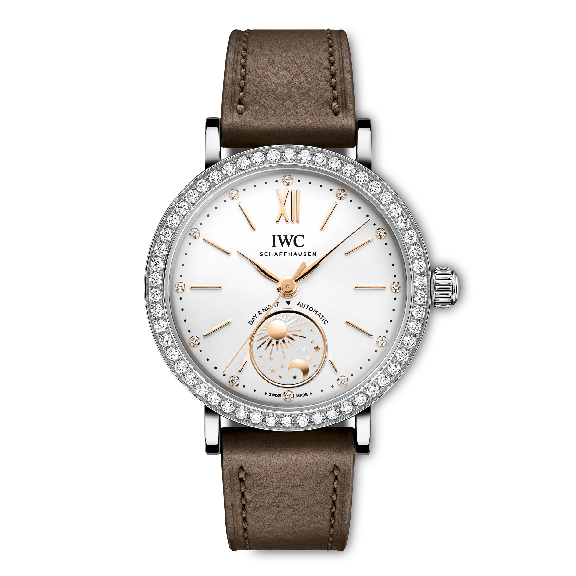 IWC Portofino Automatic Day &amp; Night 34 Silver Dial Steel Taupe Calfskin Strap 34 mm IW659803 - WATCHXNYC